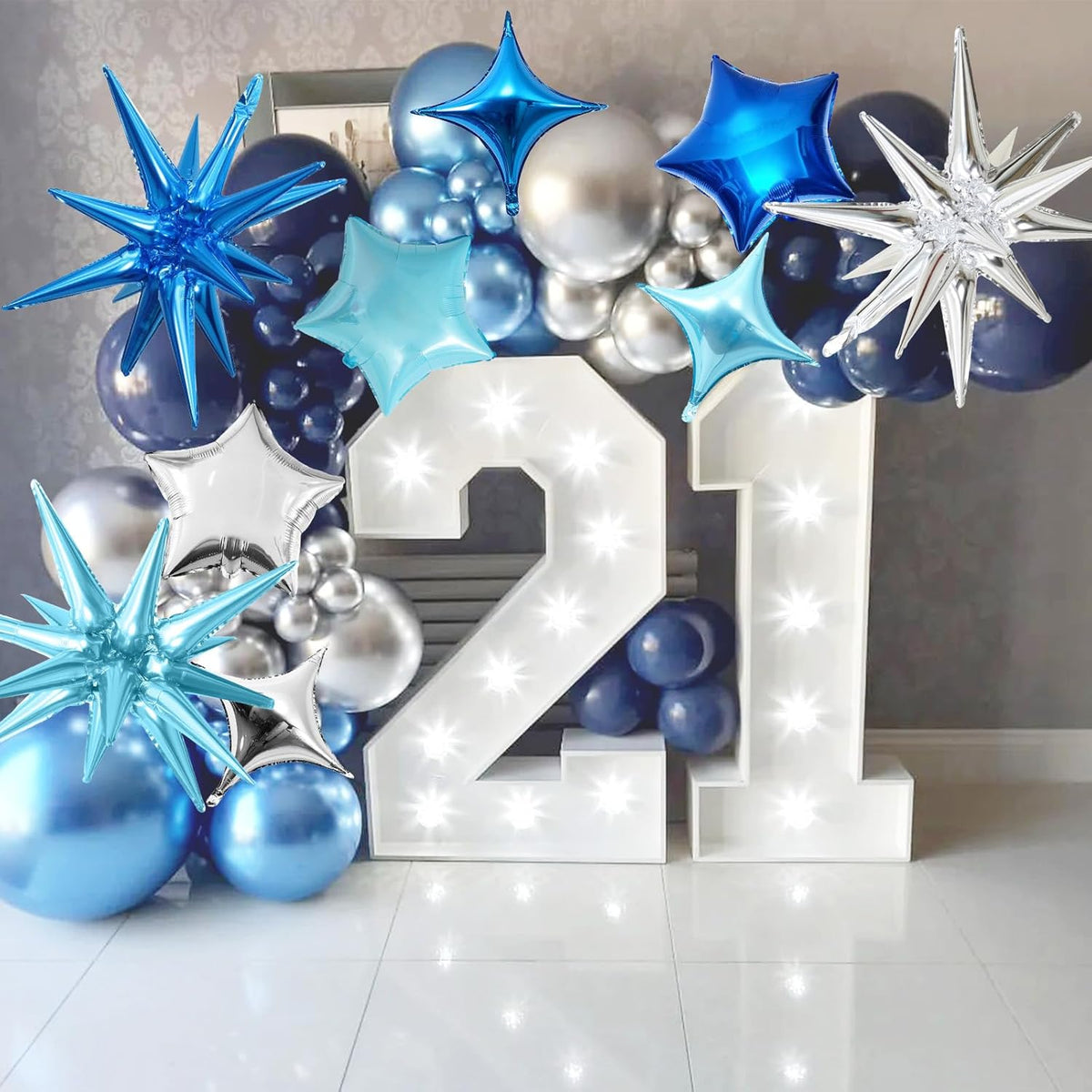 Blue Silver Star Balloons, 22in Large Star Balloons Foil 10in 4-Pointed & Pentagram Balloon for