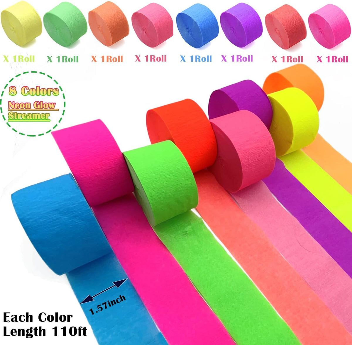 888 Feet Neon Glow Streamer Decorations - UV Reactive Fluorescent Neon Paper Streamers for Glow in
