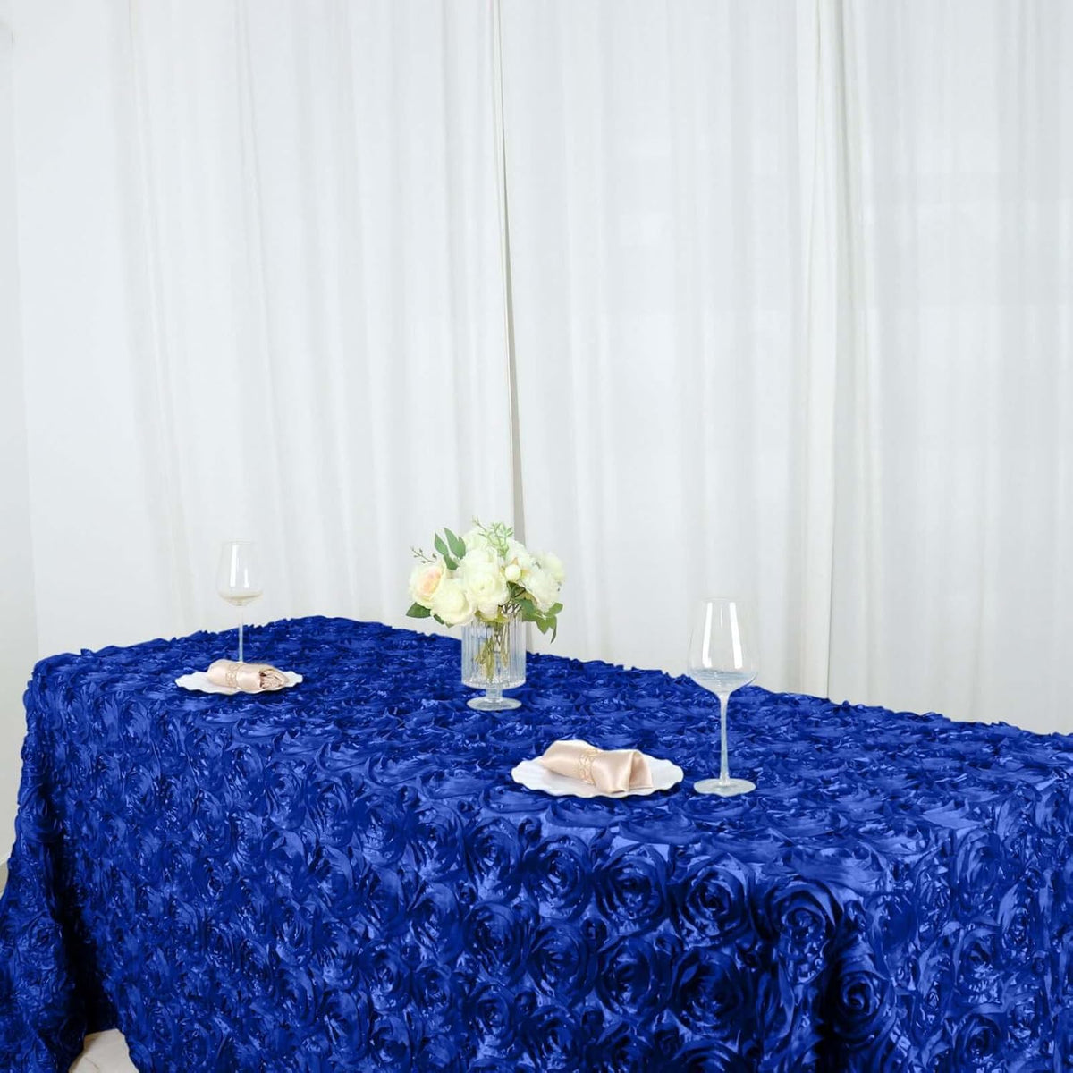 Efavormart 90"x132" Wholesale Rectangle Table Cover Royal Blue Grandiose Rosette 3D Satin