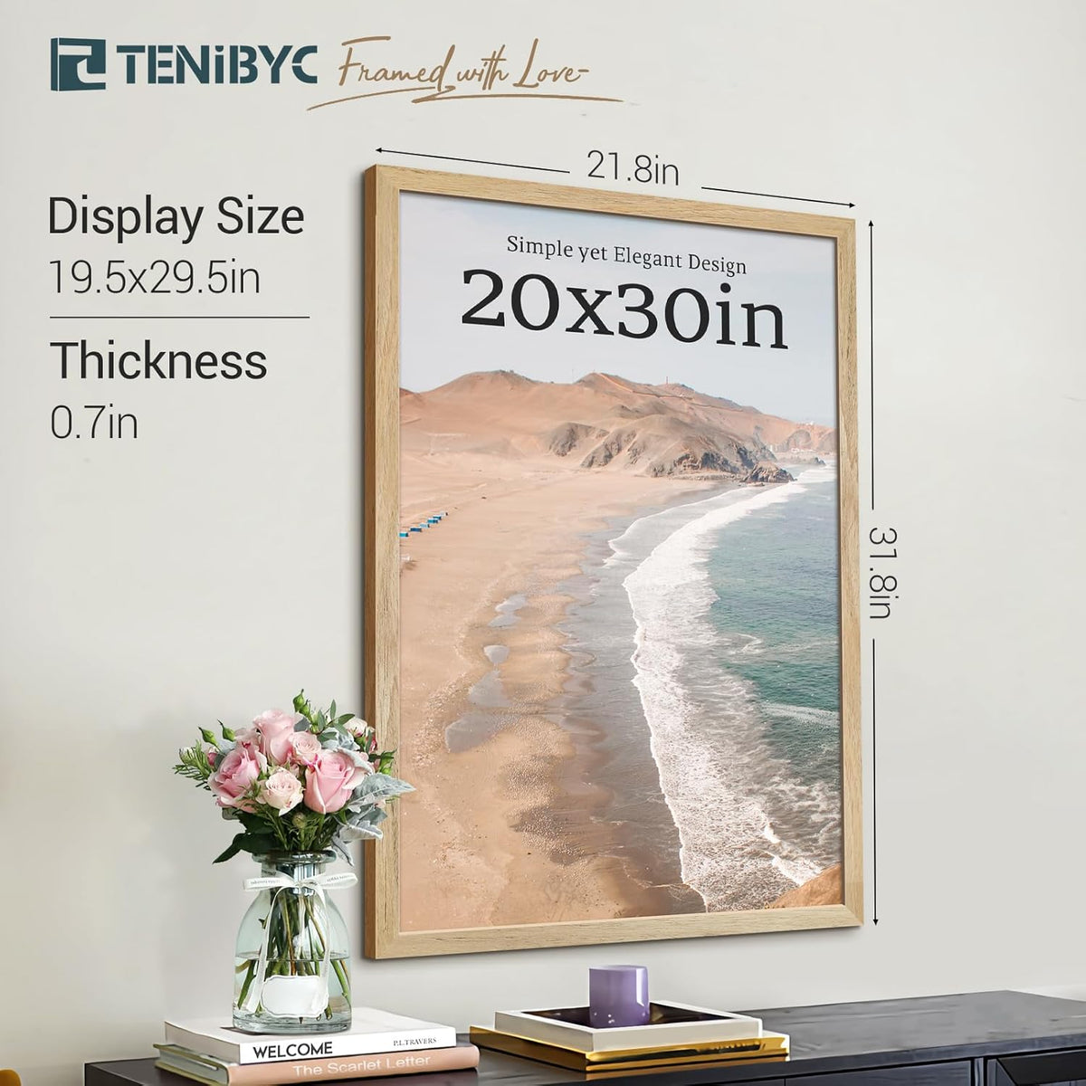 20x30 Poster Frame Set - 4 Pack, Textured Natural Solid Wood Picture Frame, Wall Gallery Frame