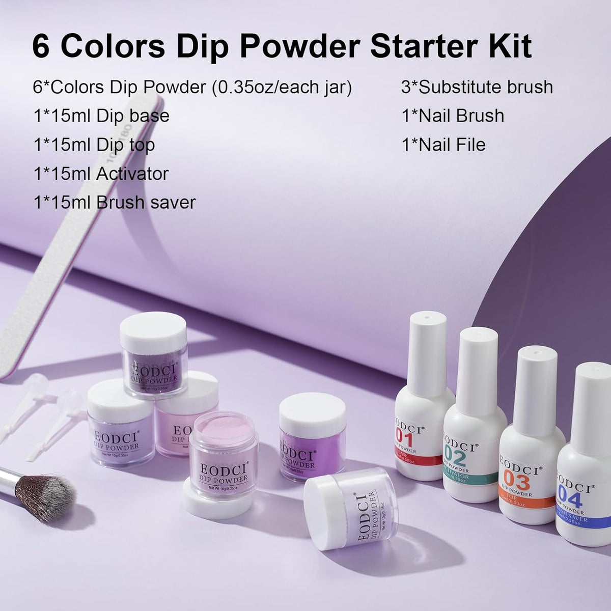 Dip Powder Nail Set, 6 Colors Purple Series 12 Pcs Dipping Powder Kit With Base & Top