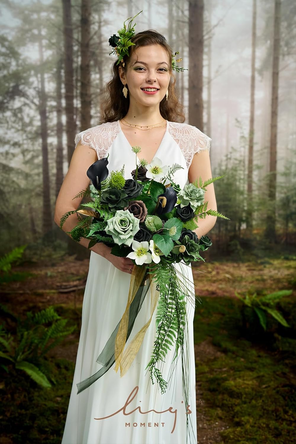 Ling's moment Forest Green Bridal Bouquet Cascading, Emerald Green Wedding Bouquets for Bride, 13