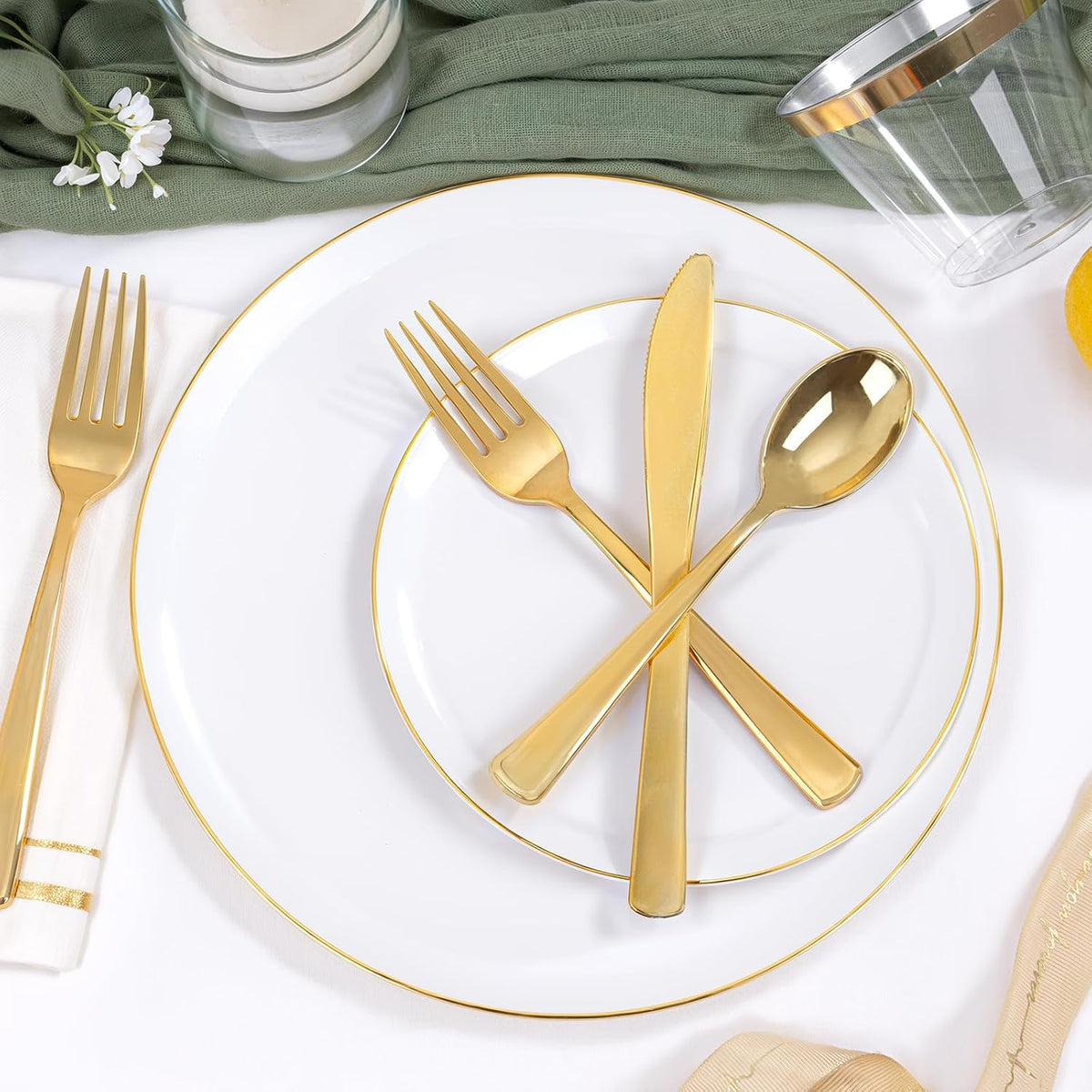 Festiva 350Pcs Gold Plastic Plates - White and Gold Dinnerware Set Disposable include 10" & 7"