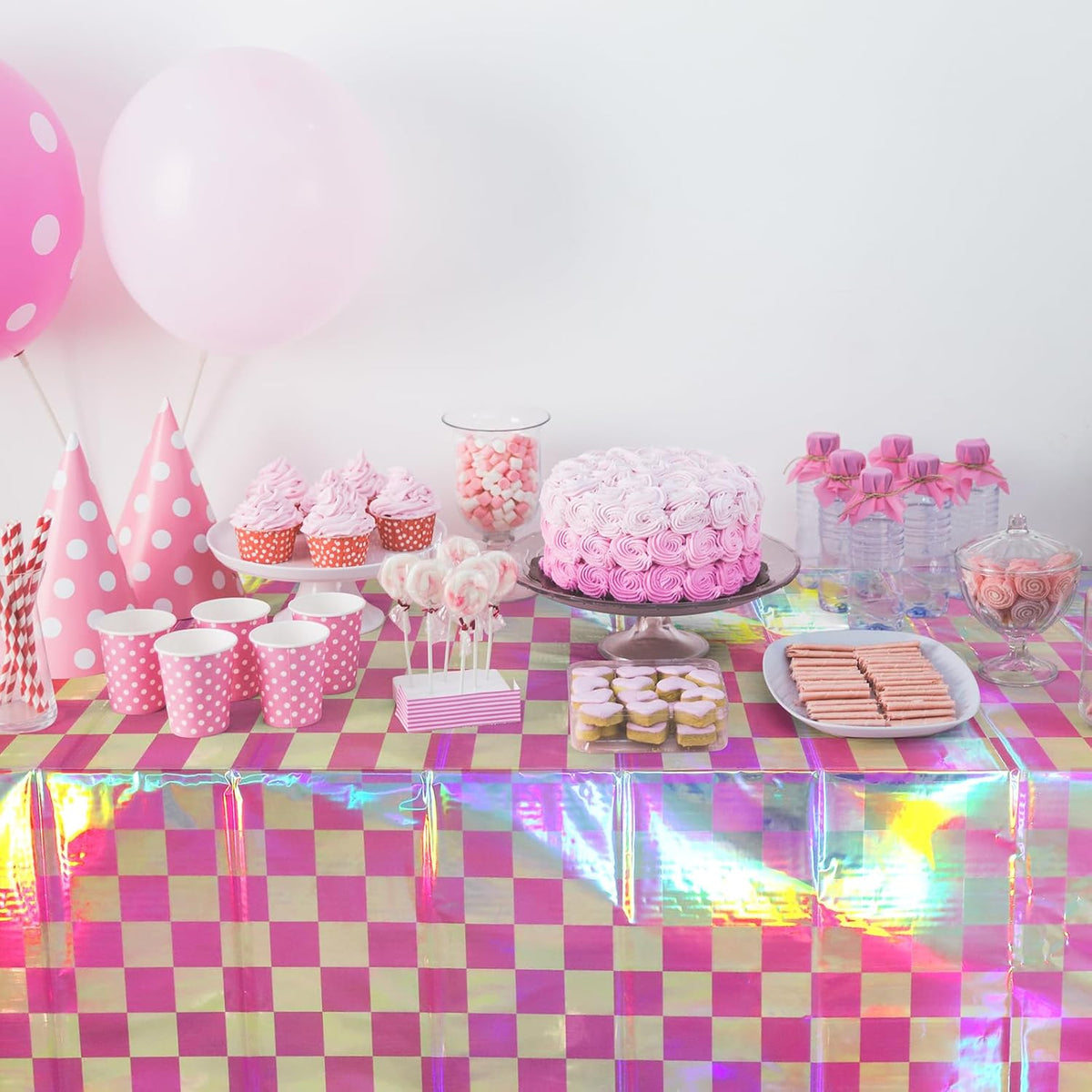 6 Pack Pink and Iridescent Checkered Plastic Tablecloth, Shiny Disposable Laser Rectangle Table