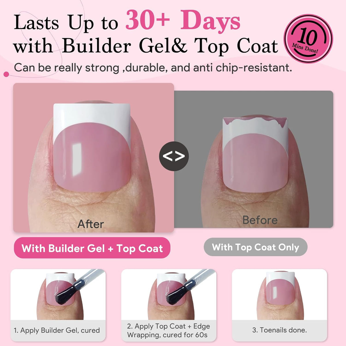 Toe Nail Press Ons French Tip, Sharp Square Berry Pink Pre-Designed Fake Toenail Press On for Women