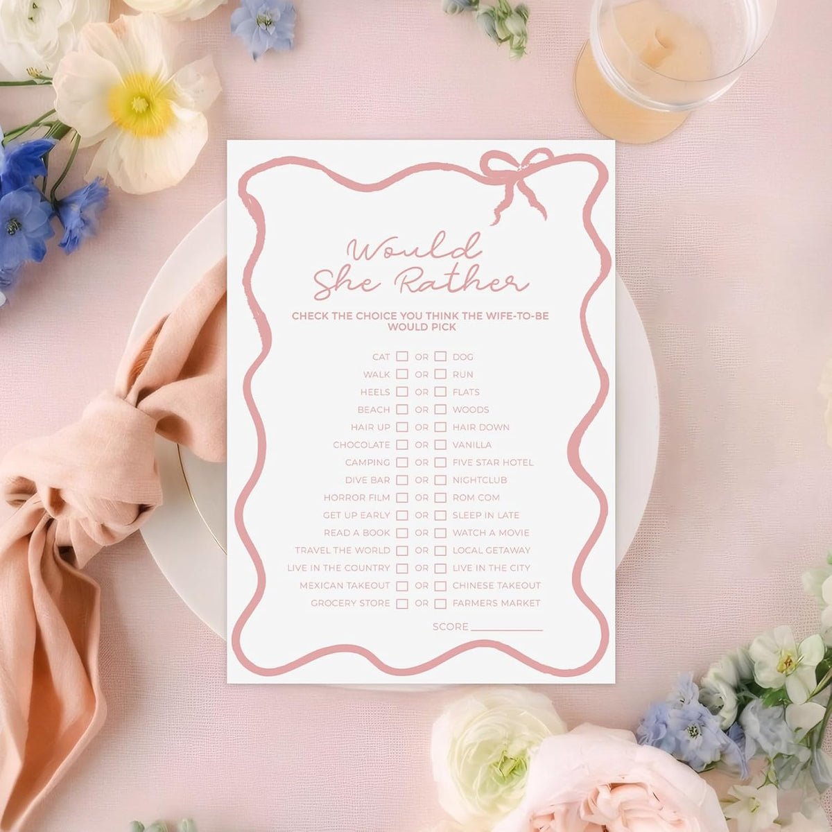 DEEKA 30 PCS Bridal Shower Games Card for 30 Guests White Pink Wavy Border Ribbon Bow Funny Wedding