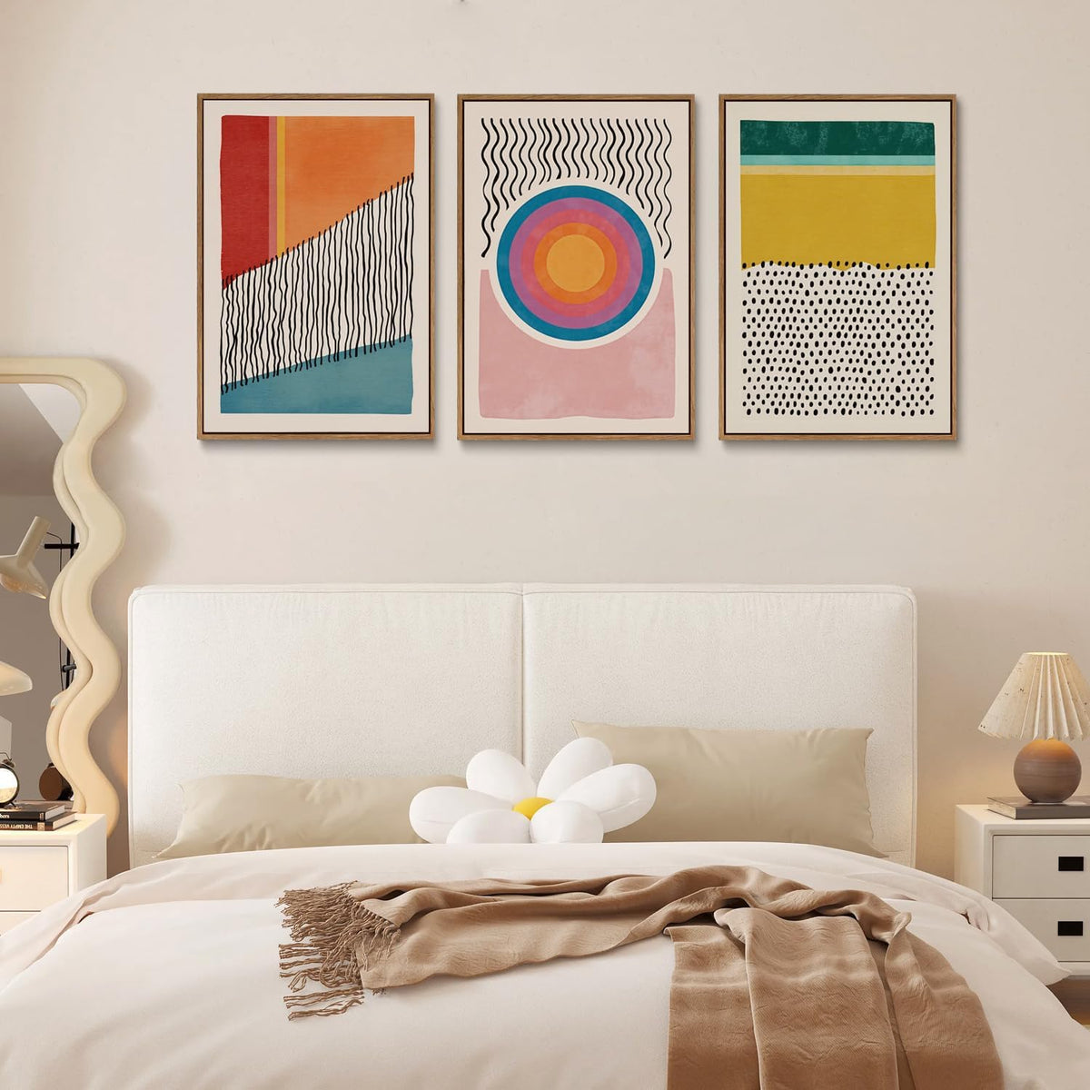 myusuar 3 Piece Large Modern Abstract Canvas Framed Wall Art For Living Room, Midcentury Minimalist