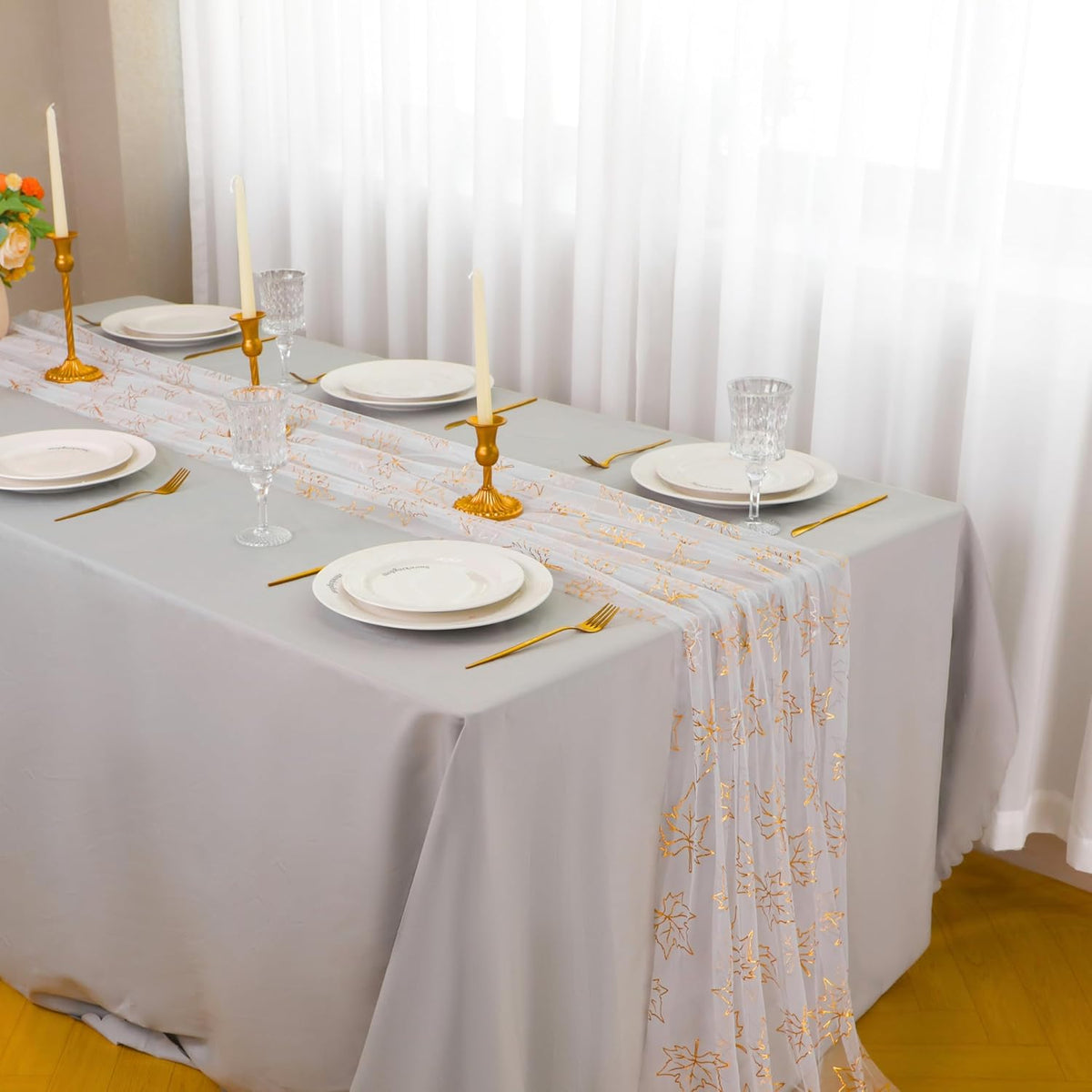 Snowkingdom Fall Table Runner, 10ft Gold Maple Leaves Gauze Chiffon Table Runners, Thanksgiving