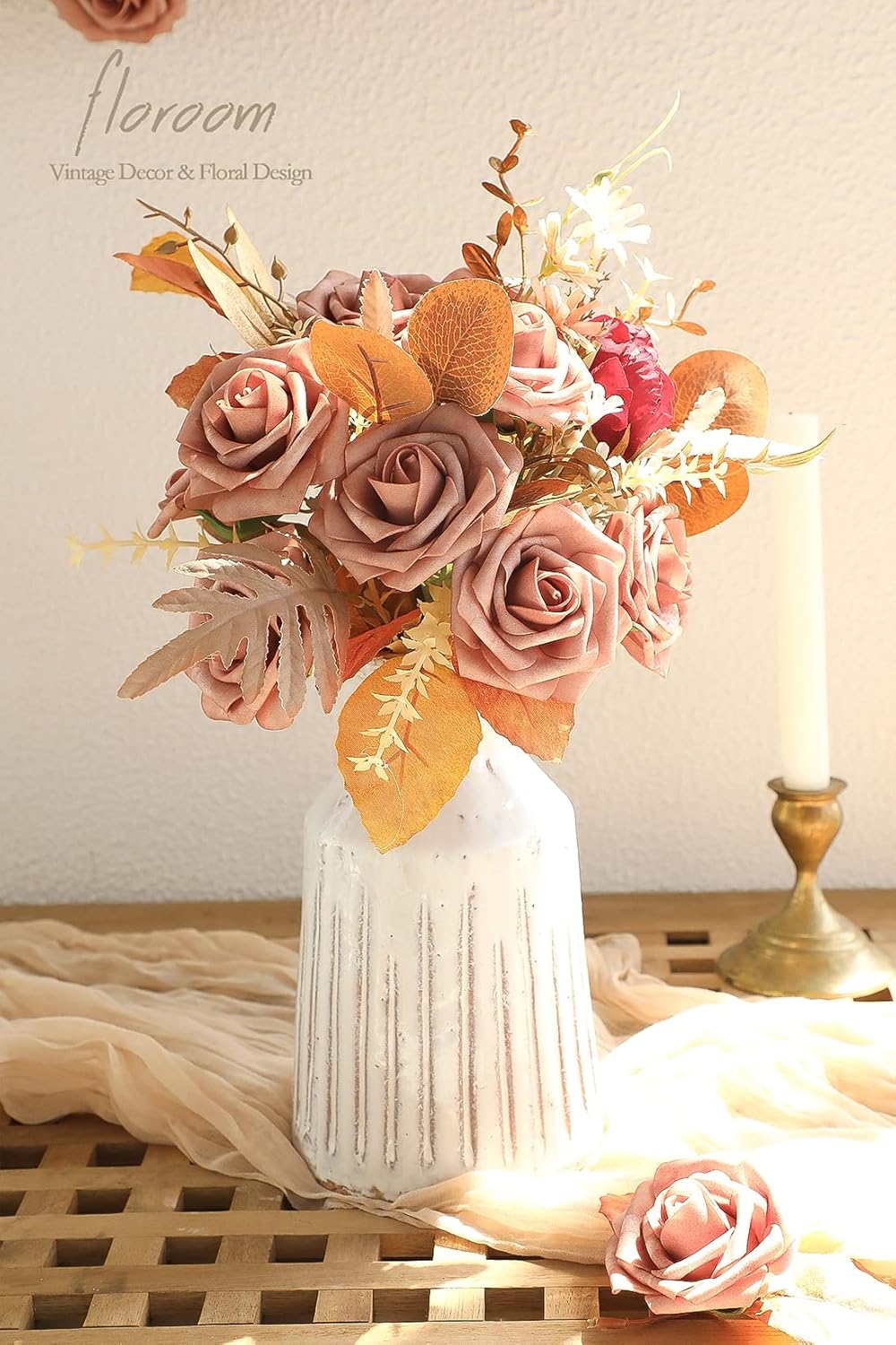 Floroom Artificial Flowers 25pcs Real Looking Warm Taupe Foam Fake Roses with Stems for DIY Wedding