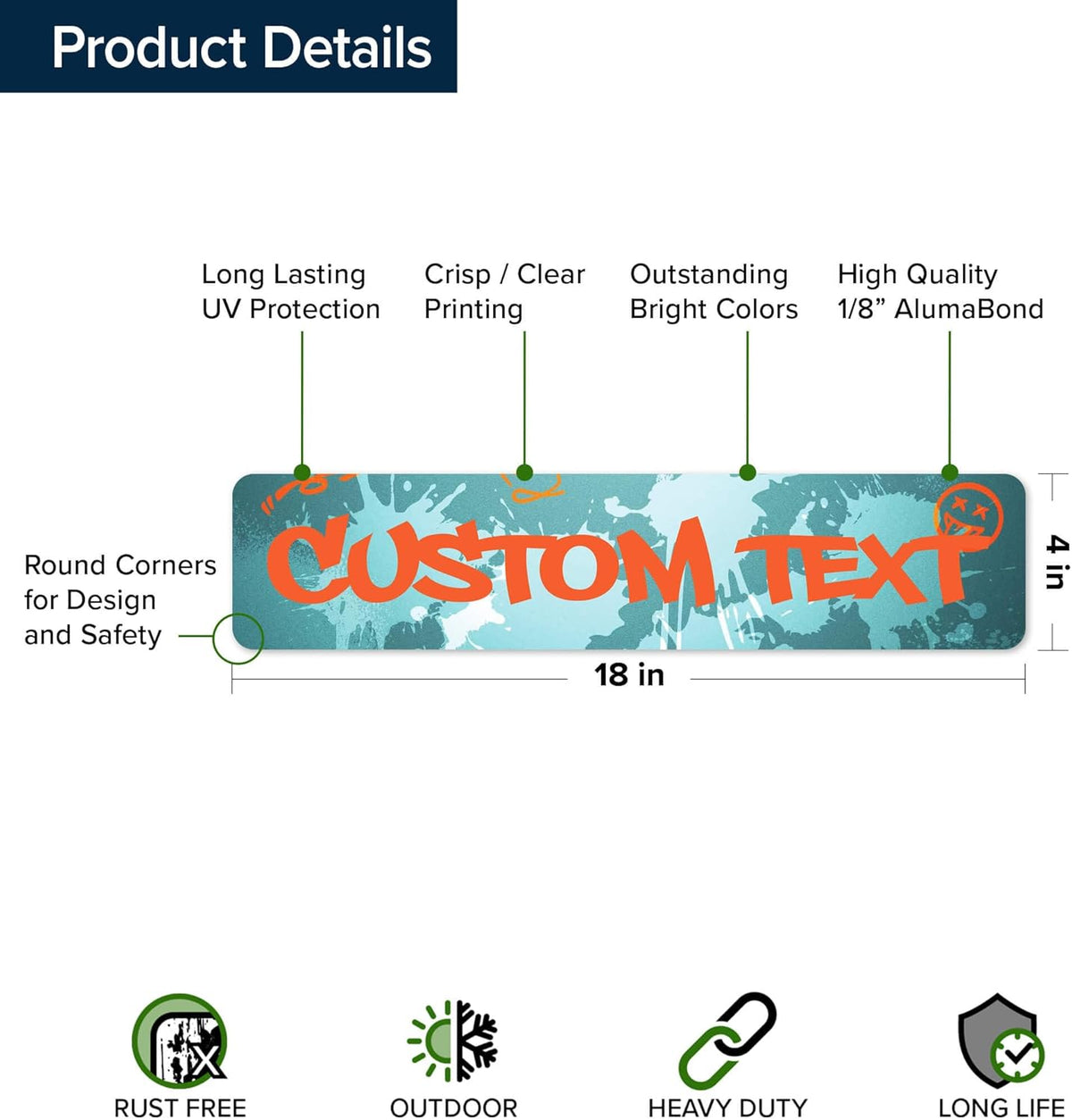 Custom Sign, Custom Street Sign, 11 Font Colors, 13 Font Styles, 4 Hole Options, 22 Sizes, 4x18