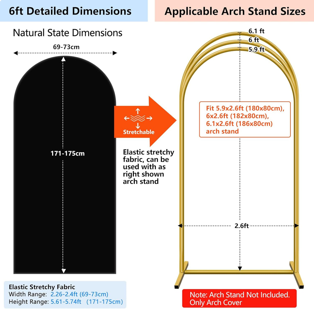 Hemmotop 6 ft Black Arch Cover (No Arch Backdrop Stand), 2-Sided Spandex Arch Covers Stretchy
