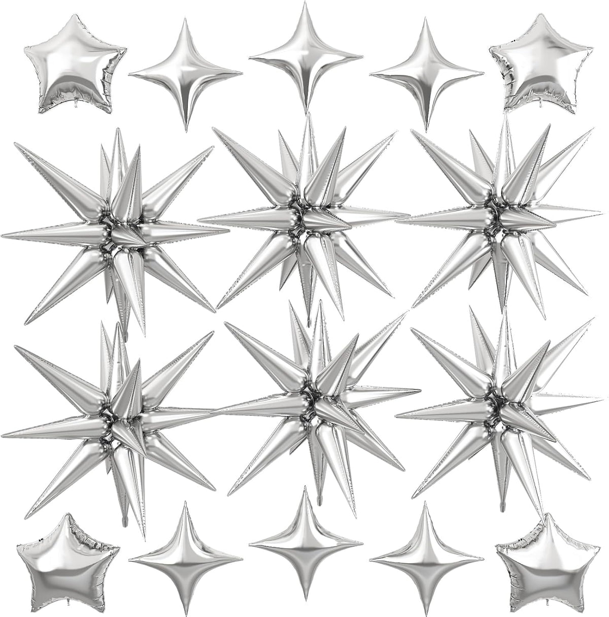 Silver Star Balloon,16Pcs Star Foil Balloons Set with 22Inch Explosion Spike Cone Balloons and