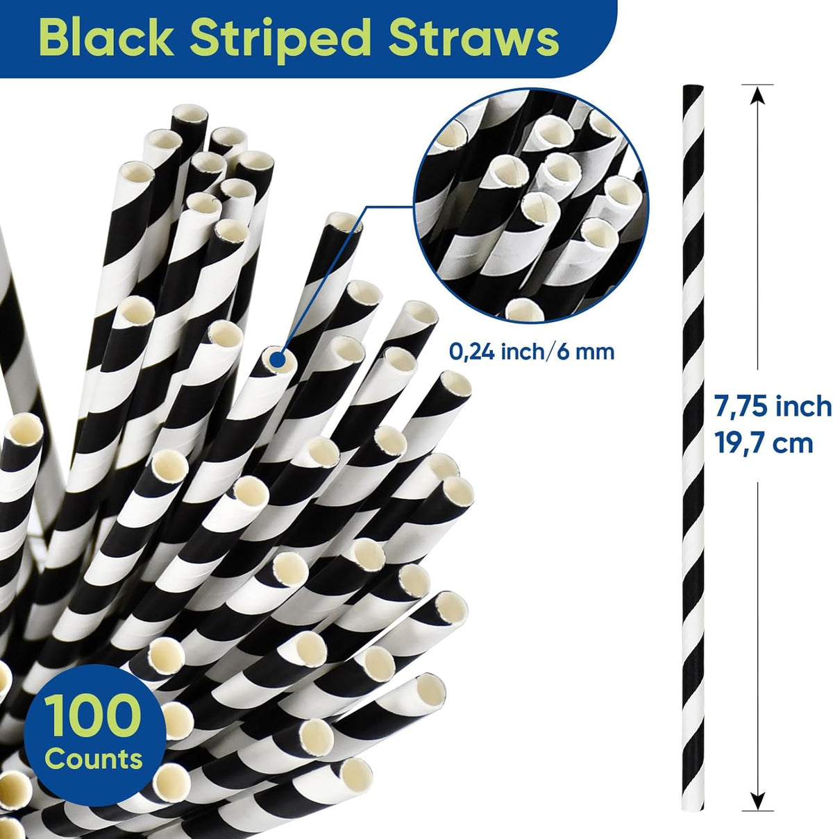 Black White Striped Biodegradable Paper Drinking Straws Unwrapped 7.75 inch 100 Counts - for