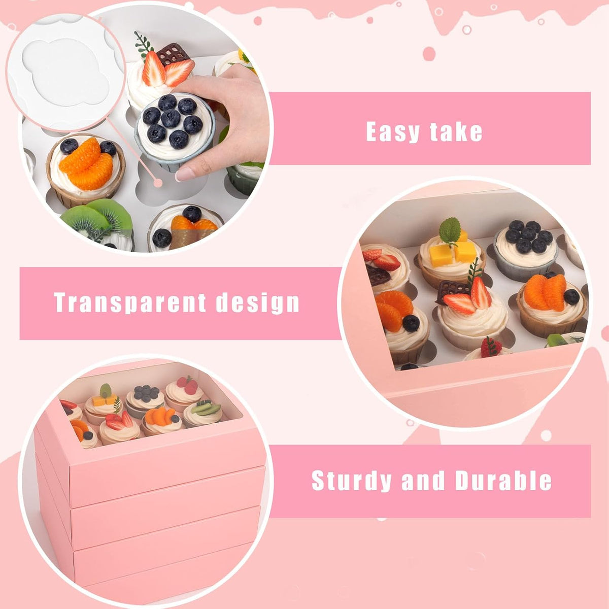 VGOODALL 12 Count Cupcake Boxes, 6PCS 13.2x9.8x4Inches Pink Cupcake Container with Window Boxes
