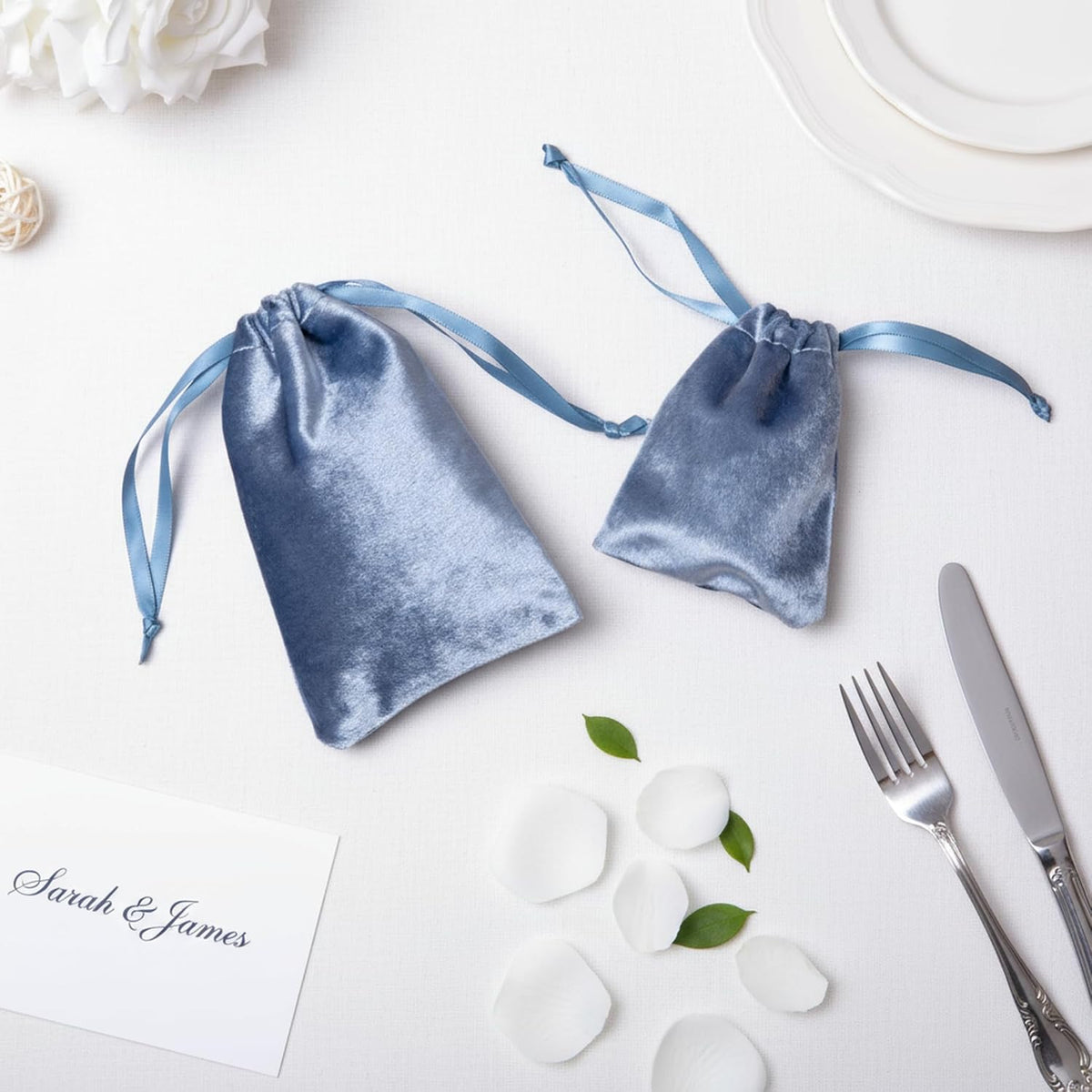QIANF 12pcs Dusty Blue Velvet Drawstring Bags 3x4 inches Glossy Small Velvet Cloth Gift Bags