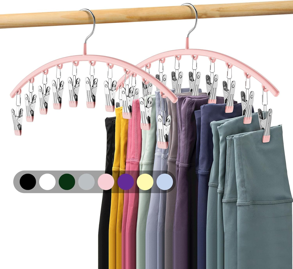 Legging Organizer for Closet, Metal Yoga Pants Hangers 2 Pack w/10 Clips Holds 20 Leggings, Space