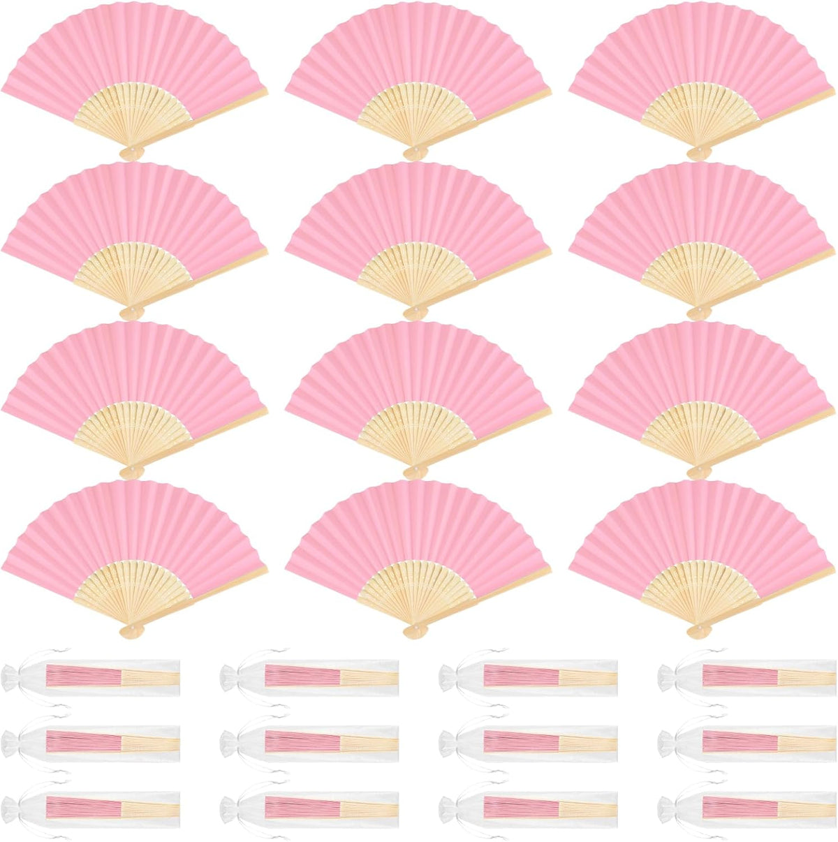 12 Pieces Pink Hand Held Bamboo Folding Fans Paper Fans Handheld for Women Foldable Girls Wedding