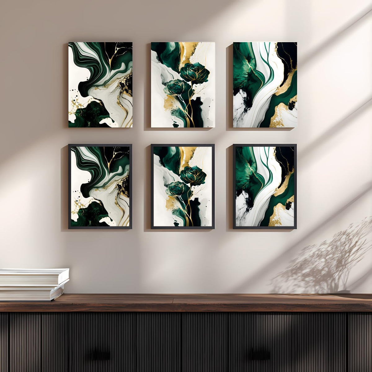 IAFWZX Framed Green Gold Abstract Wall Art, Emerald Marble Textured Wall Decor, Contemporary Line