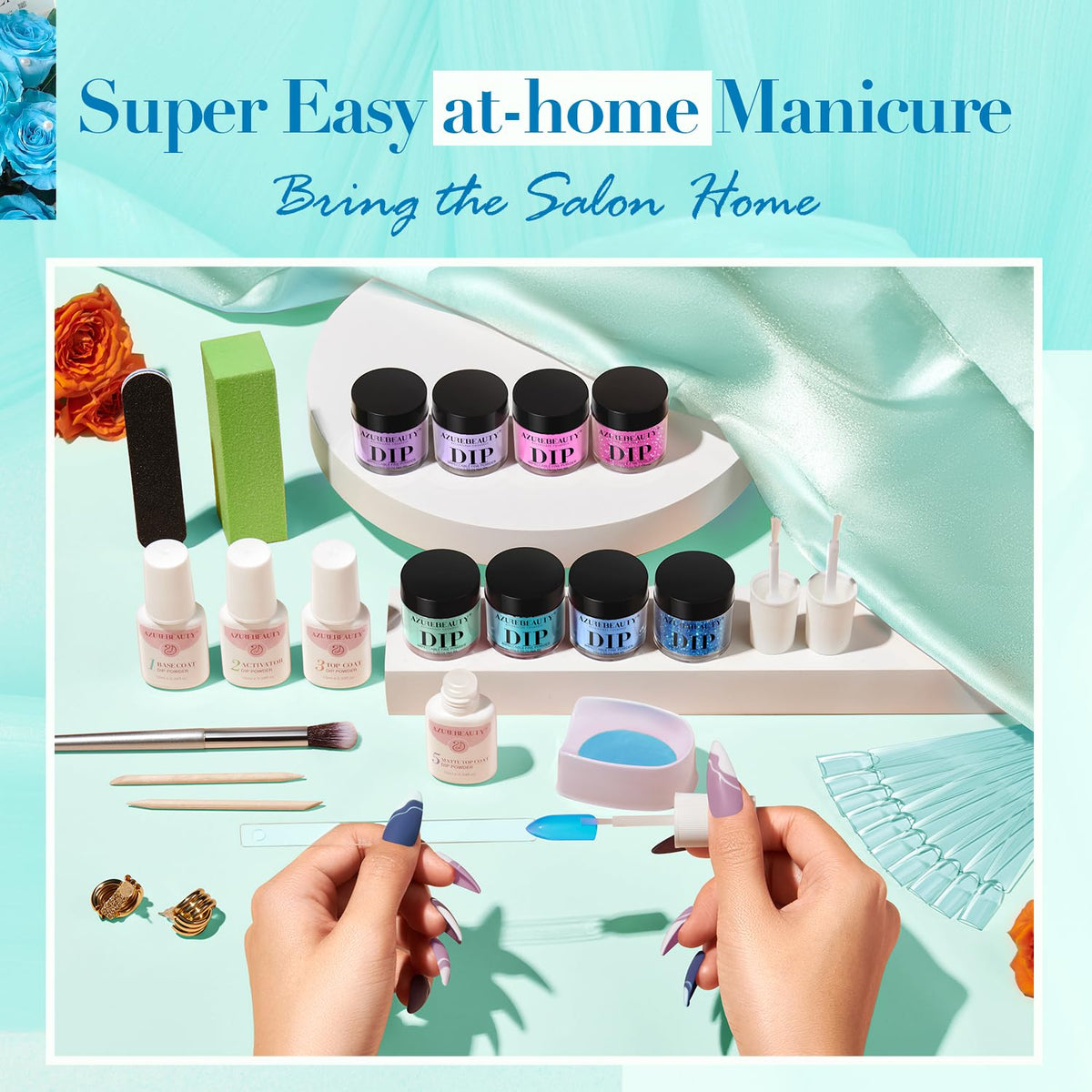 AZUREBEAUTY Dip Nail Powder Starter Kit with Matte Coat, 8 Colors Hot Pink Blue Purple Glitter