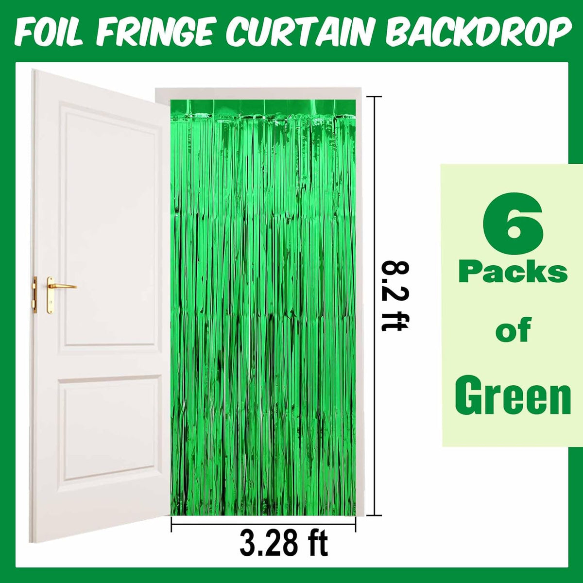 6 Pack Green Foil Fringe Curtains Backdrop, 3.28 x 8.2 Ft Metallic Streamers Tinsel Curtains