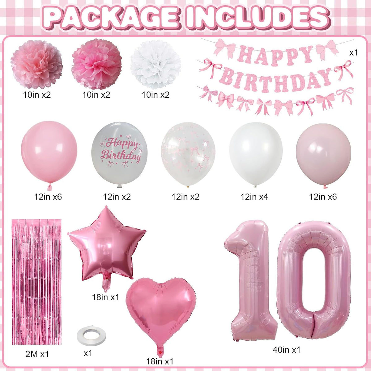 10th Birthday Decorations for Girls Pink Number 10 Balloon Bow Coquette Happy Birthday Banner