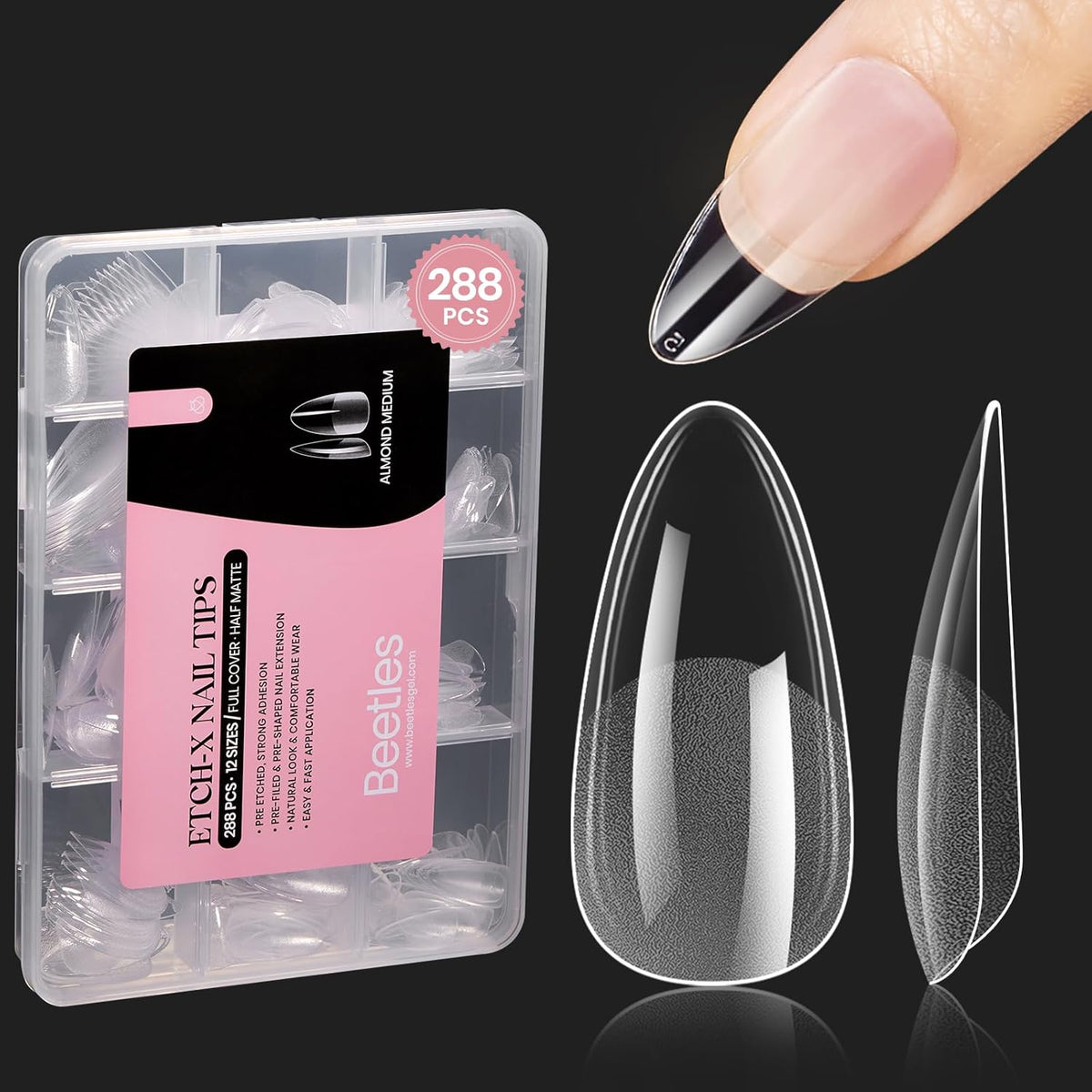 Beetles Gel Nail Tips Medium Almond Etch X Nail Tips, 12 Sizes 288 PCS Half Matte Full Cover False