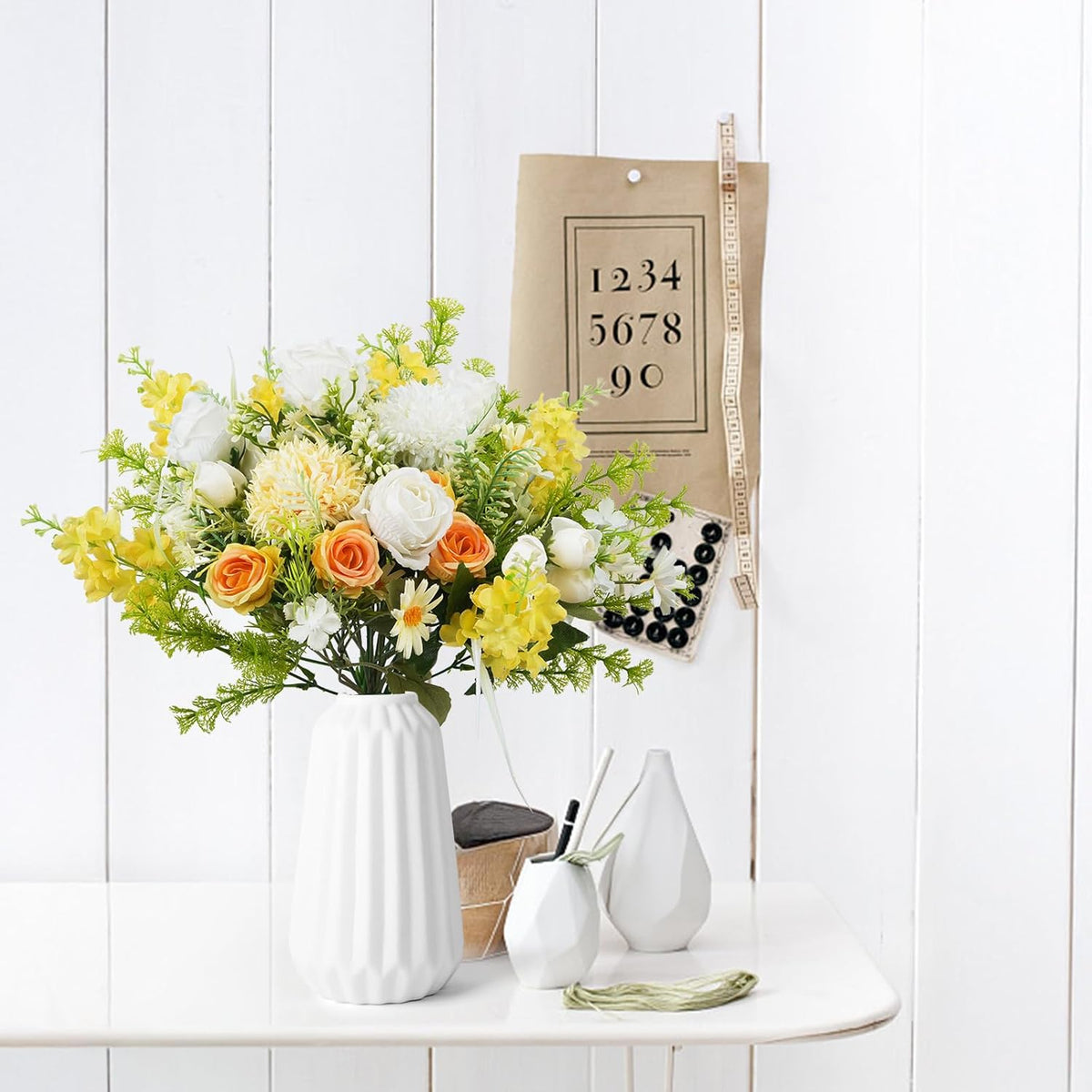 8Pcs Fake Flower Bouquet Artificial Silk Flowers White Yellow Rose Faux Floral Arrangements Picks