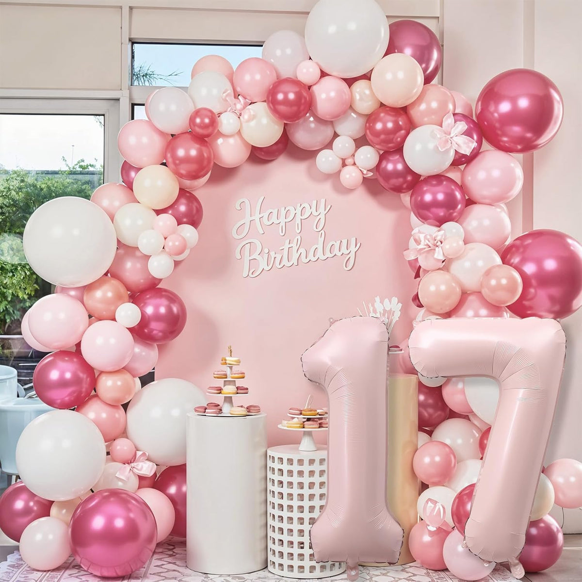 Pastel Pink 17 Balloon Number for Girls, 40'' Self Inflating Number 17 Balloons, Big Light Blush