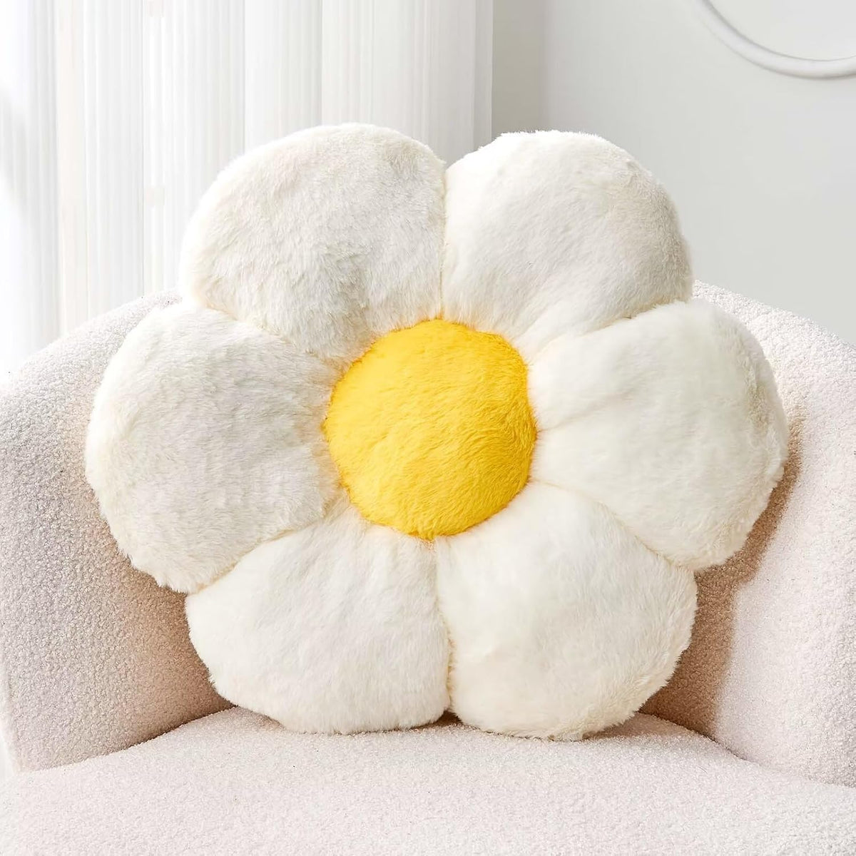White Flower Plush Throw Pillow, Cute Decorative Flower Shaped with Faux Rabbit Fur, 19.6" Soft