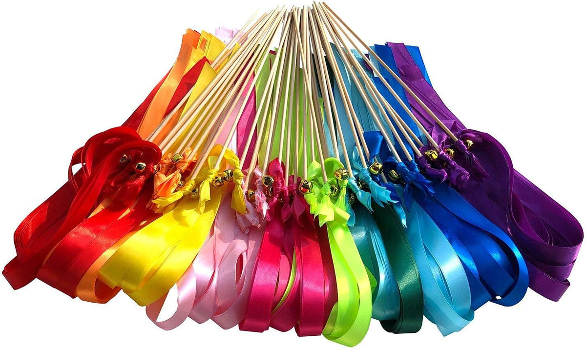 Kingsnow 50 Pack Ribbon Wands Wedding Streamers with Bells, Silk Fairy Stick Wish Wands Party