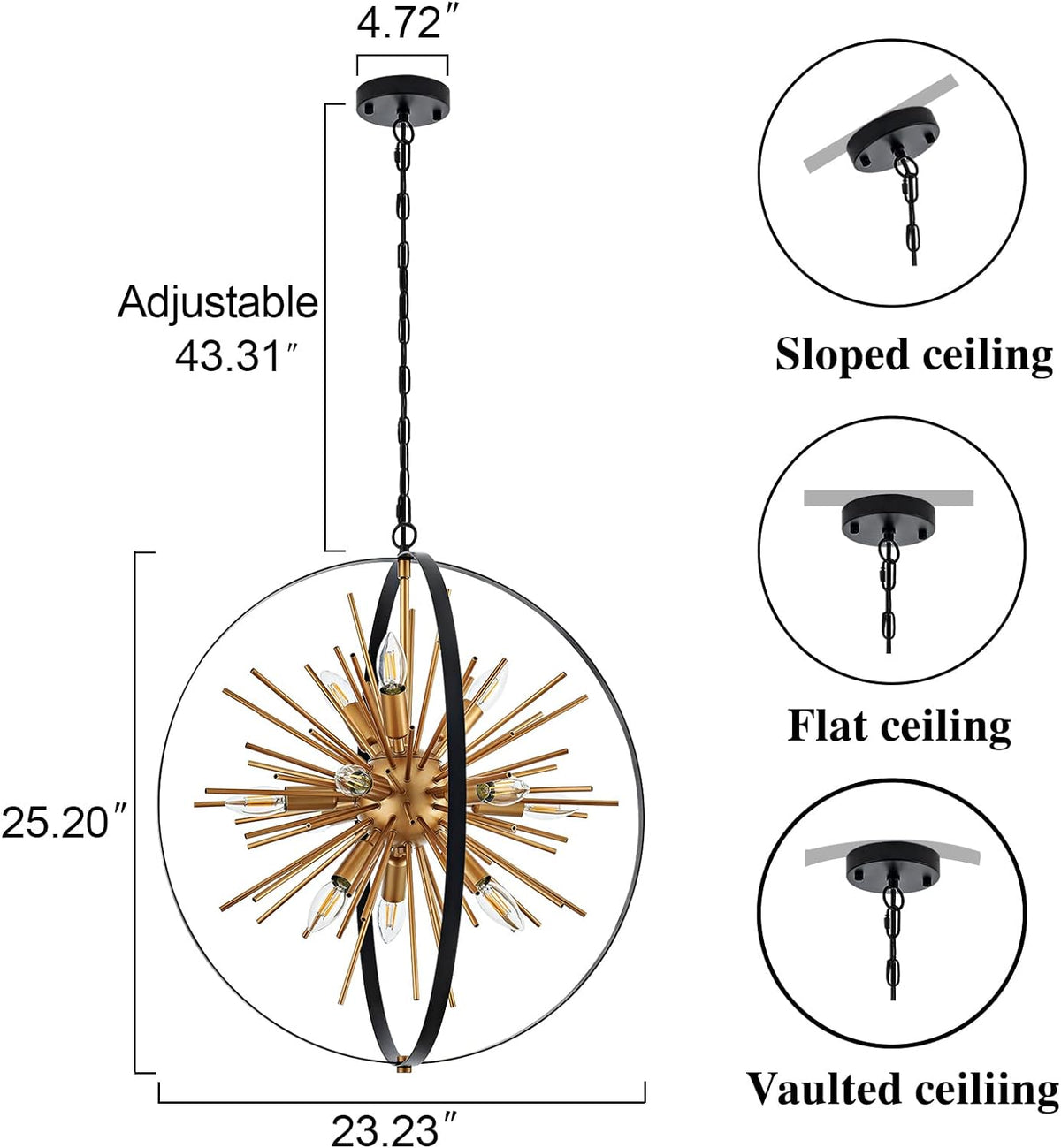 23.2'' Black Gold 12-Light Globe Sputnik Chandelier Modern Industrial Adjustable Hanging Ceiling
