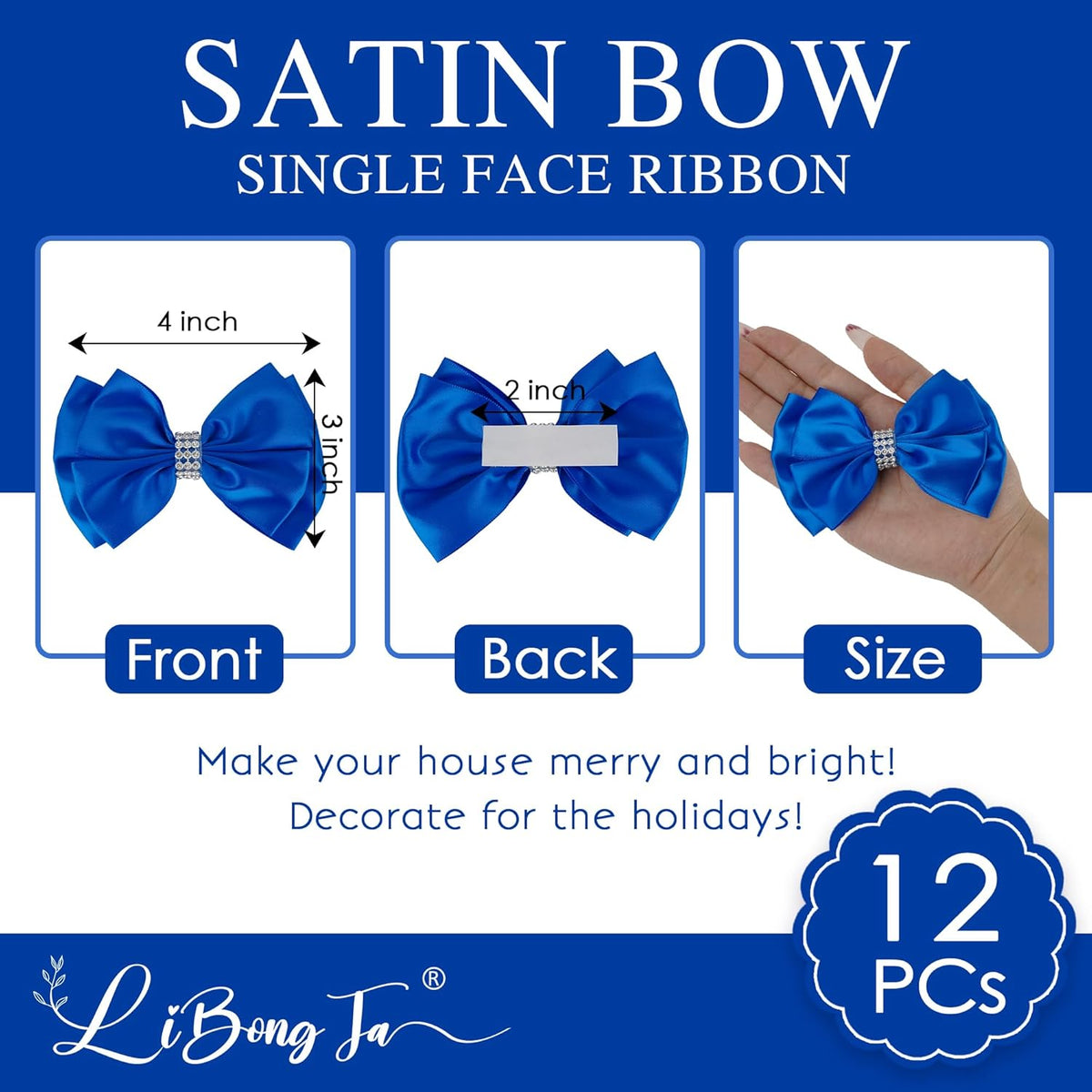 Royal Satin Bows 4'' Premade Blue Ribbon Bow, Gift Bows with Rhinestone, Wrapping Bows for