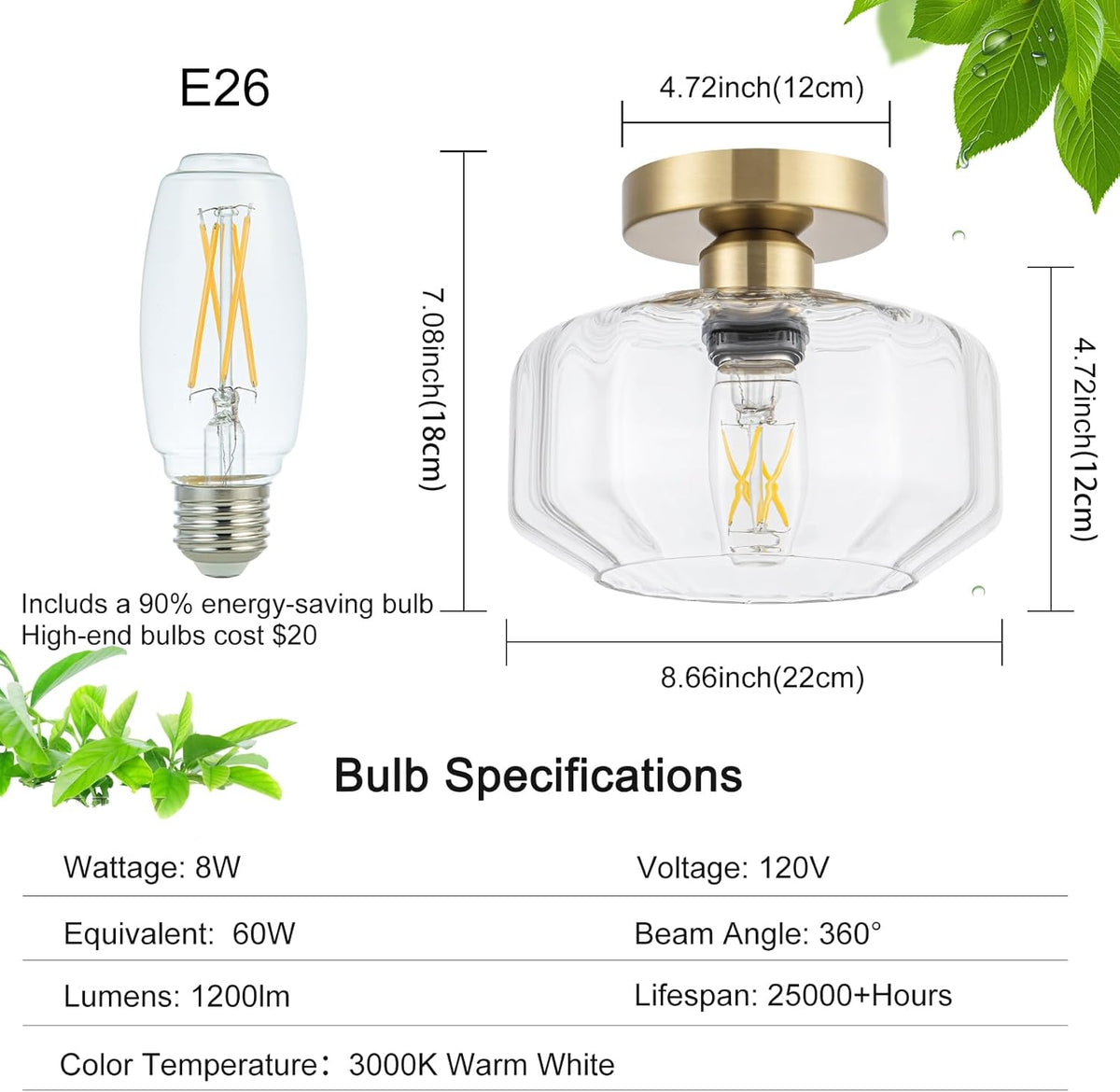 Gold Flush Mount Ceiling Light Modern - Hexagonal Diamond Faceted Glass, 50% Brighter 1200LM LED