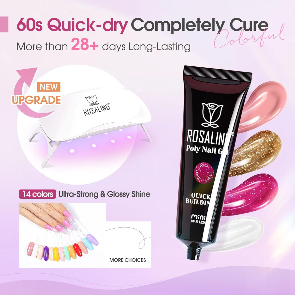 ROSALIND Poly Nail Gel Colors Kit -14 Colors +72 Nail Art Accessories kit Glitter Poly Nails Gel