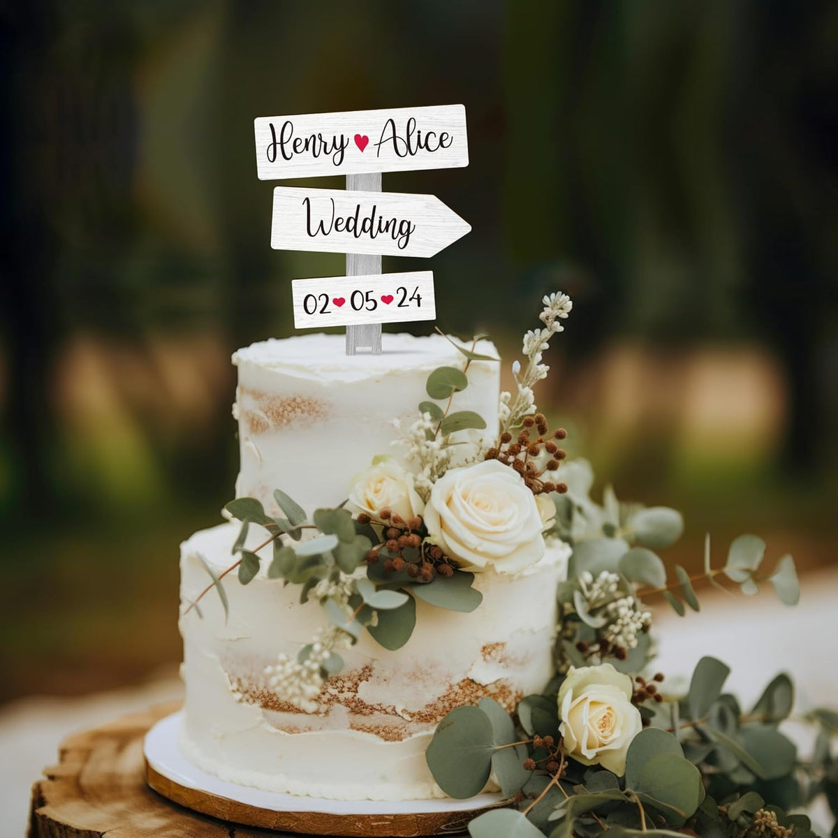 Personalized Rustic Wedding Cake Topper in Wood Custom Bride & Groom Names Initials Wedding Date