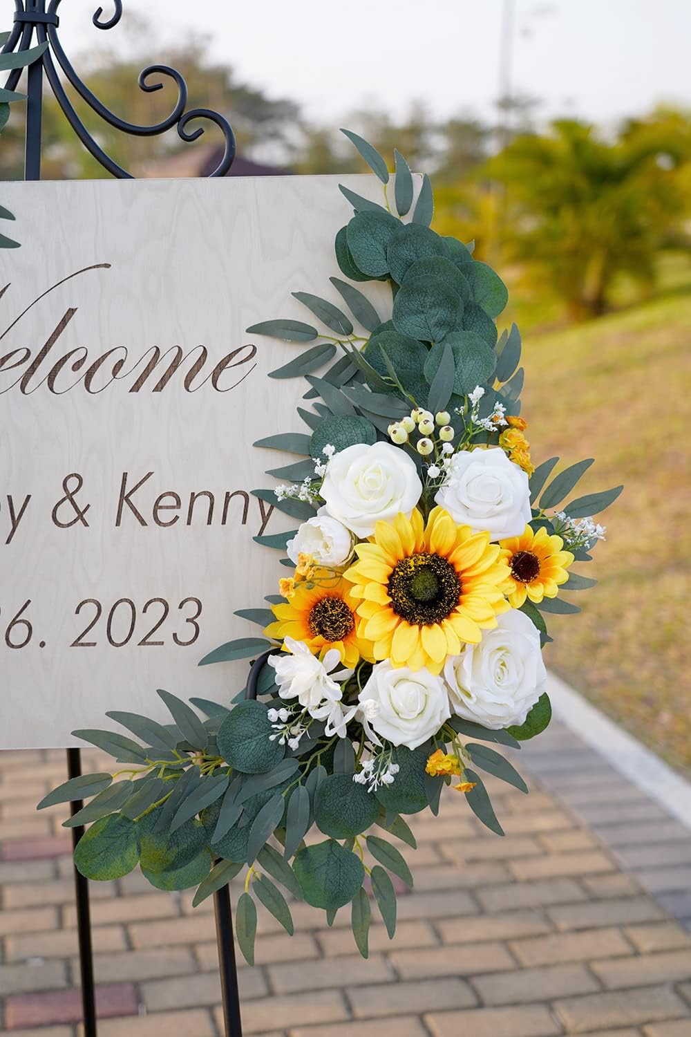 Ponatia Artificial Wedding Arch - Flowers (Pack of 2), White & Sunflowers for Wedding Welcome Signs