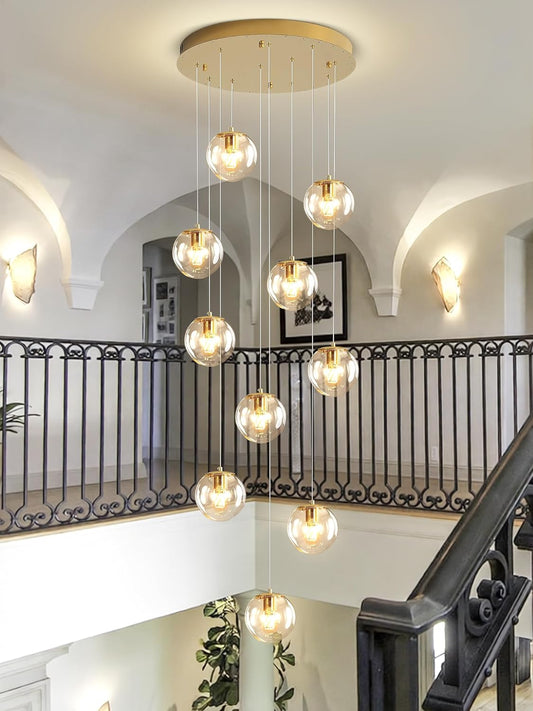 H118 Modern Glass Globe Chandelier Staircase Chandelier for Entryway 12-Lights Glass Globe Pendant