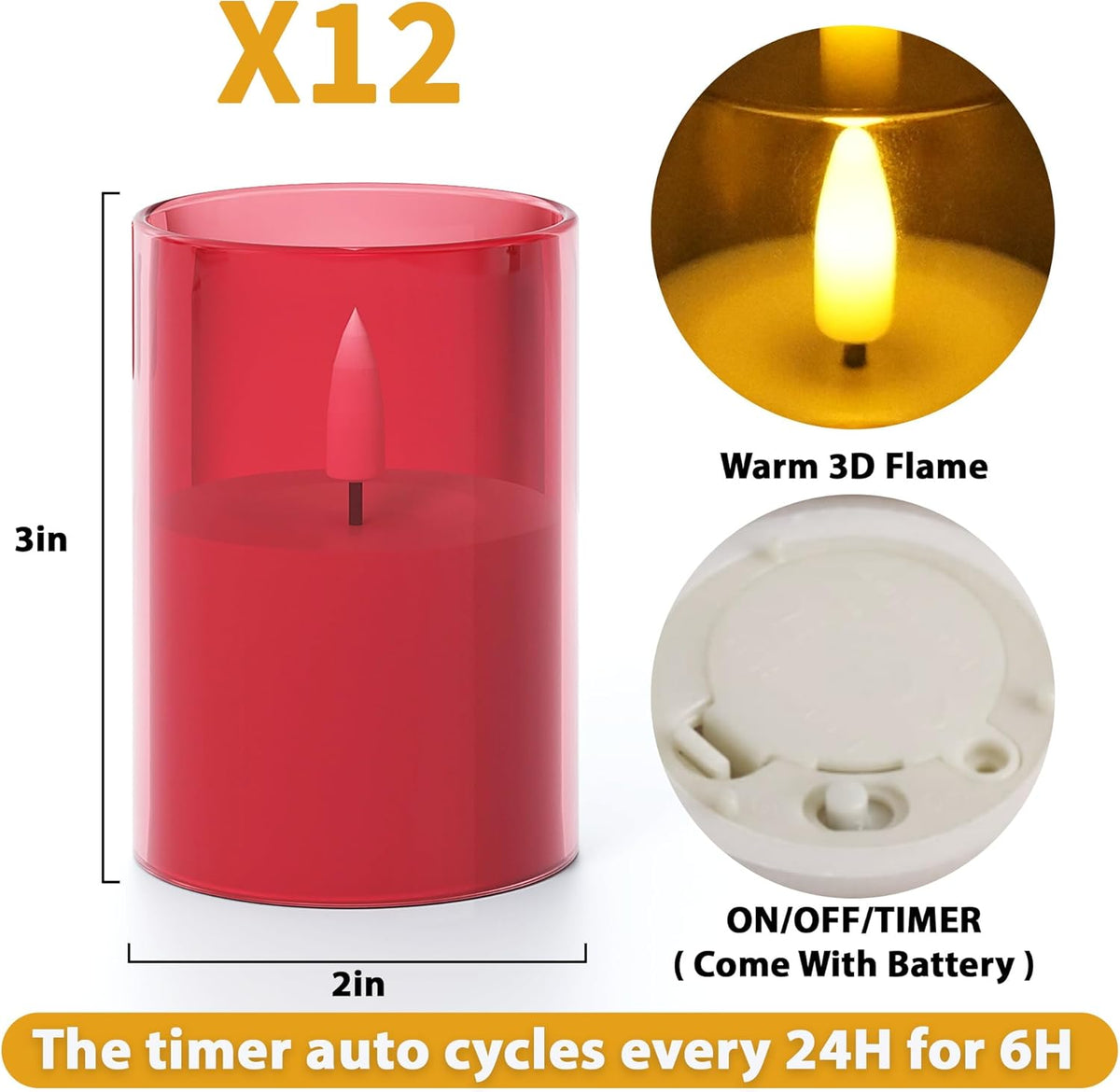 12Pack Flickering Flameless LED Candles with Timer, Battery Powered - Small Pillar & Votive, Red