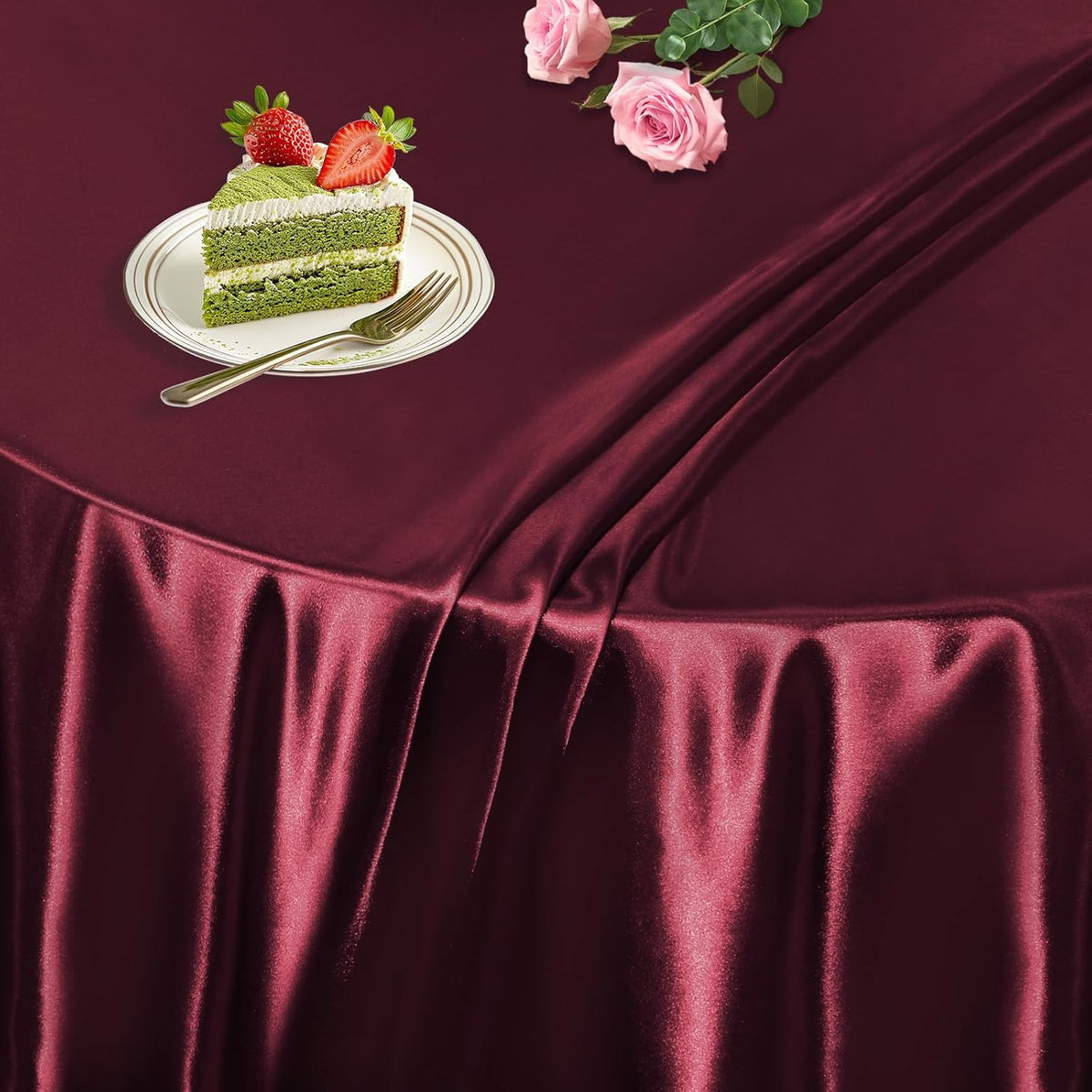KKJIAF 1 Pack 108 Inch Round Table Cloth, Burgundy Overlay Round Satin Table Cover, Silky Satin