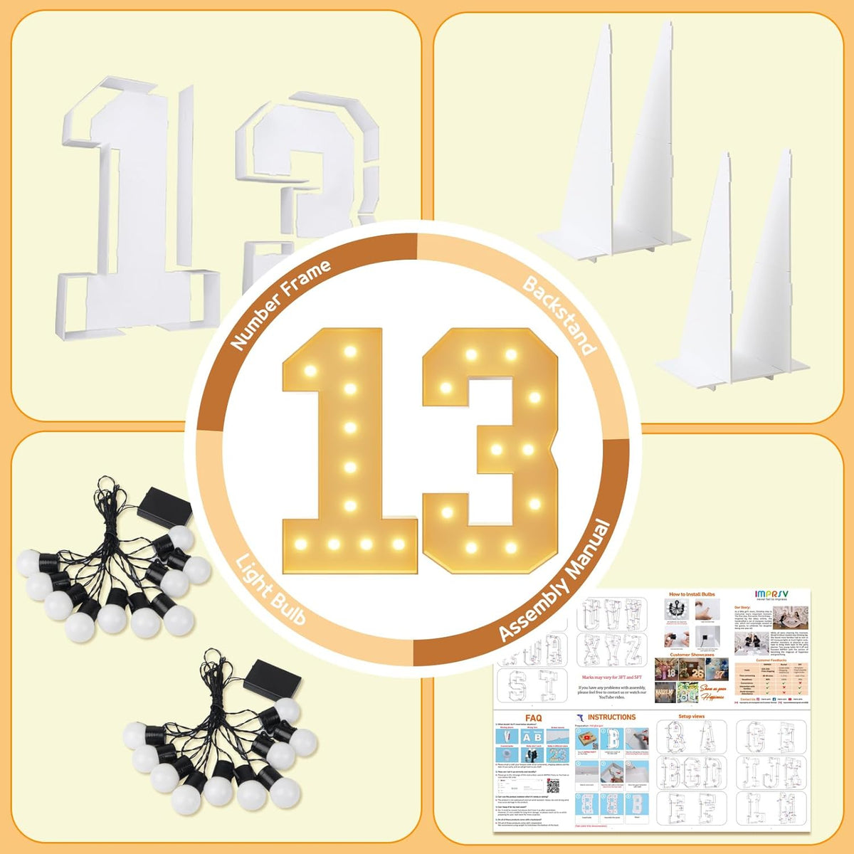 Imprsv 4FT Light Up Numbers, Marquee 13th Birthday Decorations for Girls Boys, Large Light Up 13th