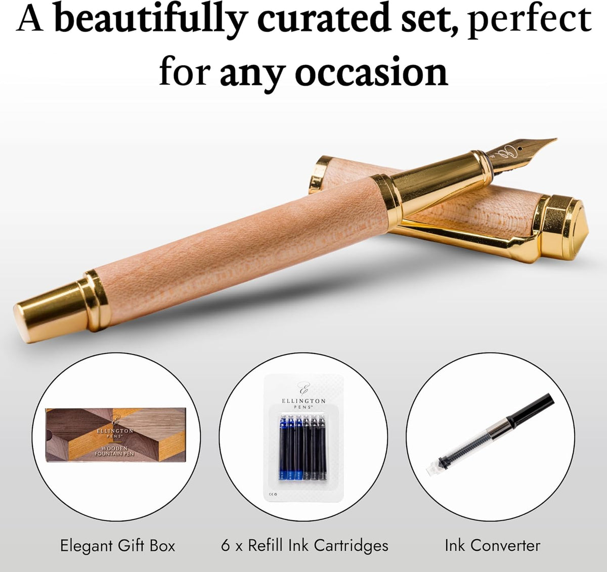Ellington Pens Elegant Wood Fountain Pen Set – Includes Wooden Pen Box, Ink Converter, 6 Ink