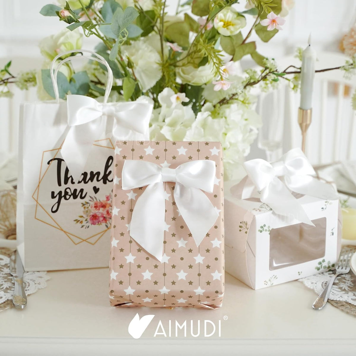 AIMUDI White Satin Bows 5.5" Bows for Gift Wrapping Satin Twist Tie Bows Premade Ribbon Bows for