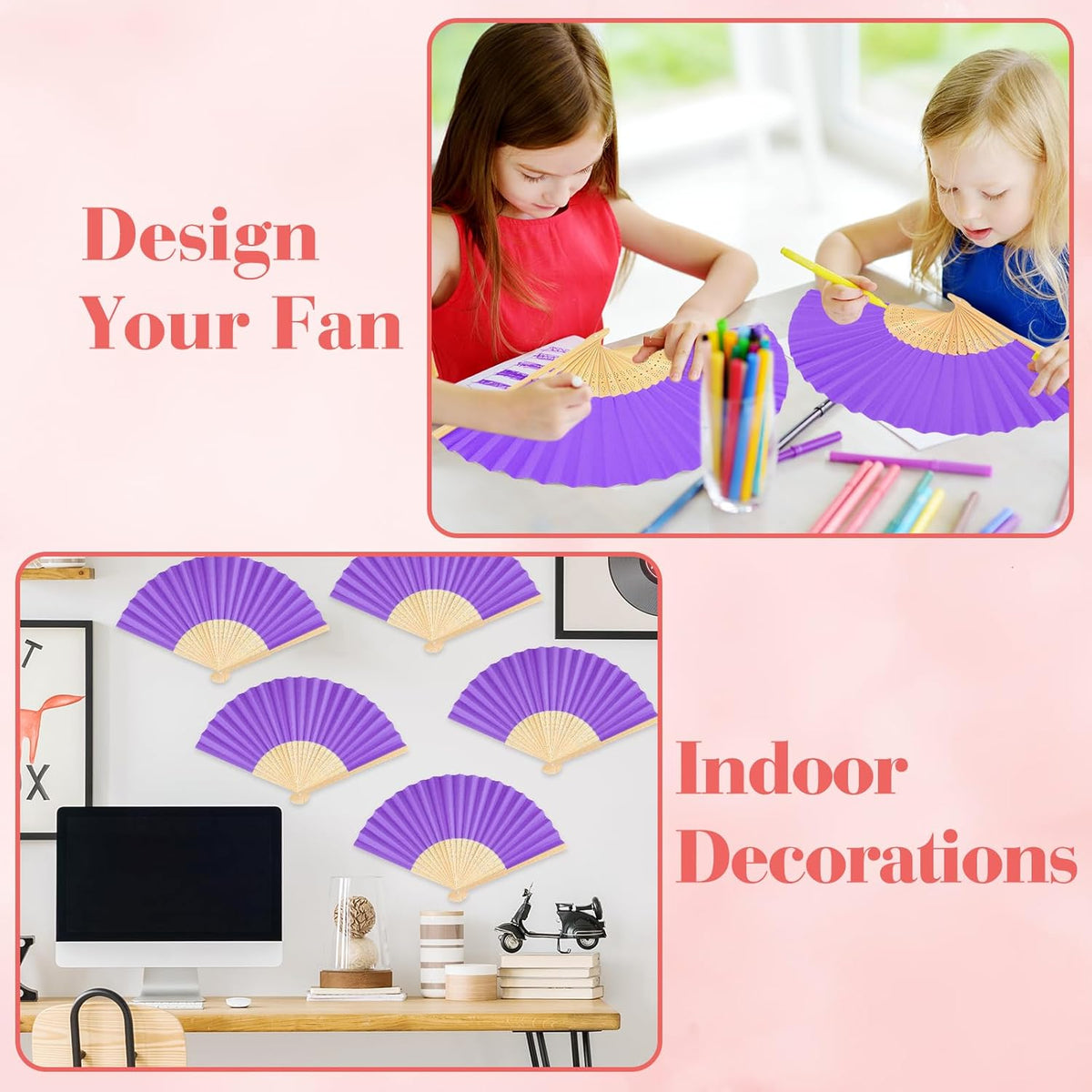 12 Pieces Purple Hand Held Bamboo Folding Fans Paper Fans Handheld for Women Foldable Girls Wedding