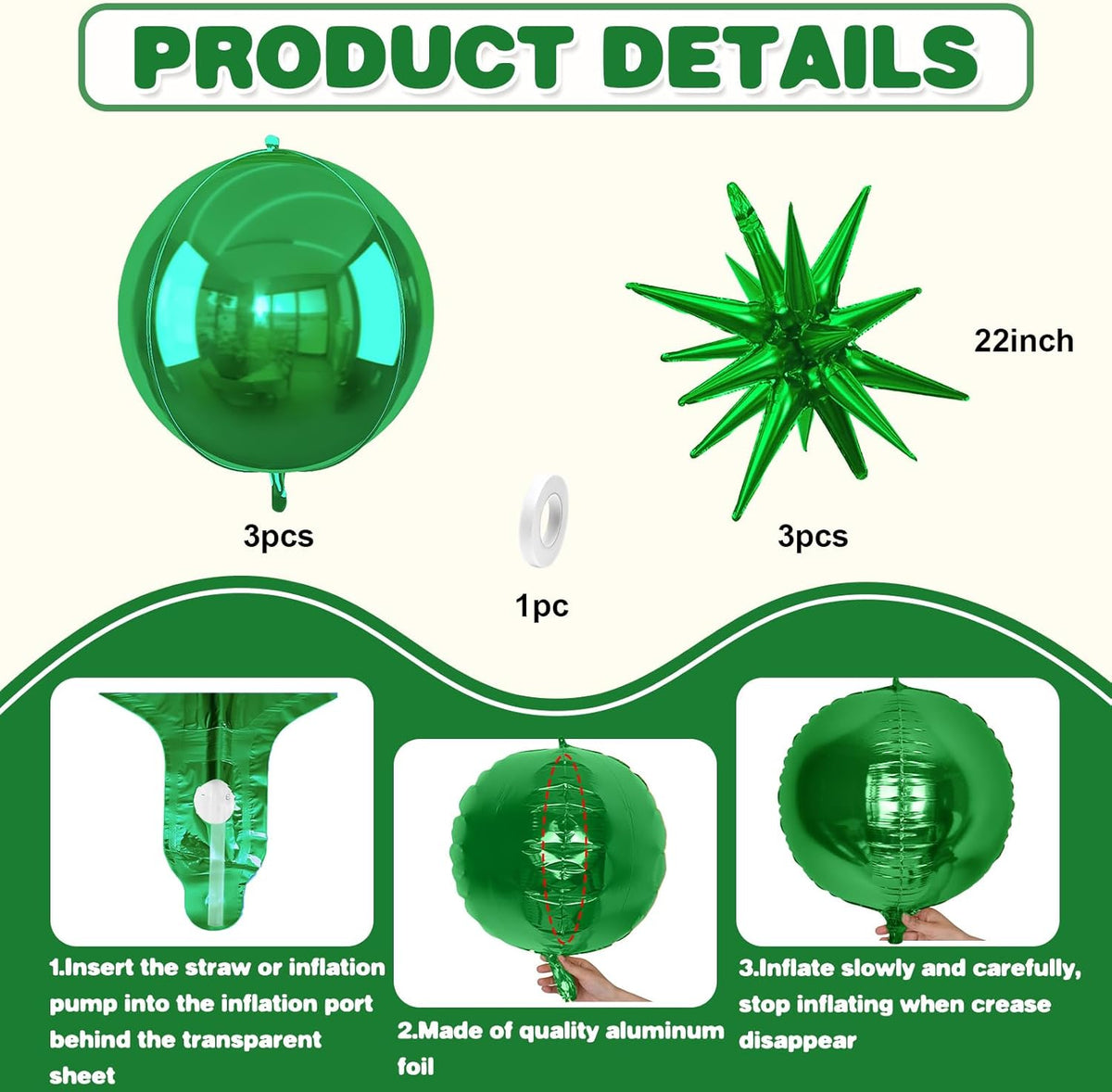 6Pcs Green Foil Balloons,22Inch Dark Green 4D Round Ball Balloon and Explosion Star Balloon for