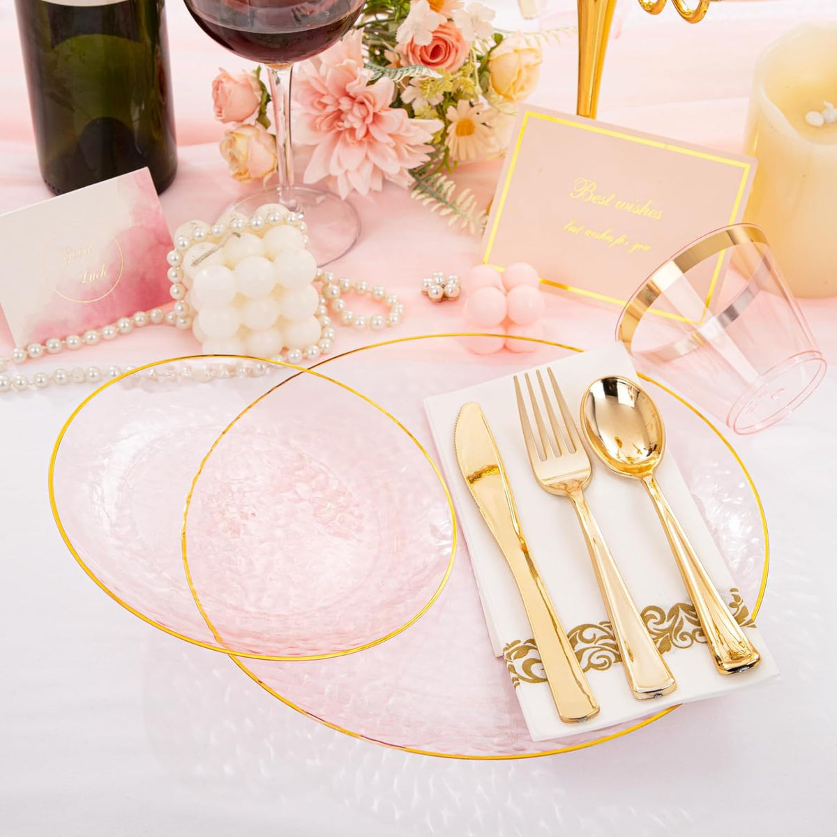 Rubtlamp 175 Pcs Pink Plastic Plates Dinnerware Set (25 Guests), Pink Disposable Plates With Gold