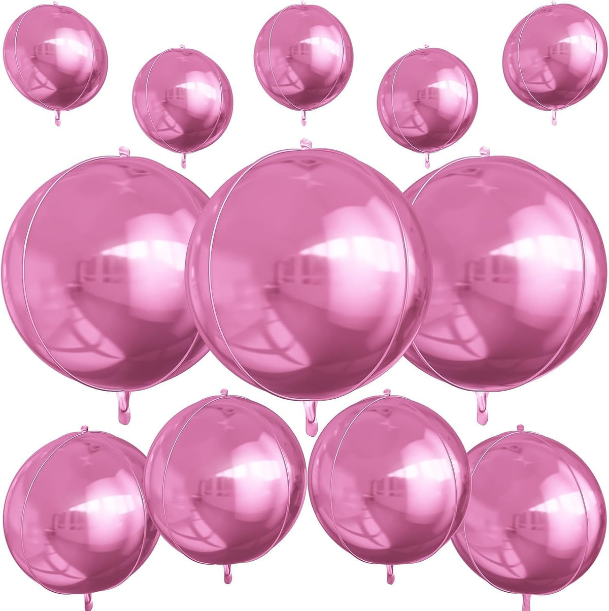 12Pcs Pink Round Foil Balloons, 22" 15" 10" 4D Helium Ball Balloon, Metallic Pink Foil Balloon for