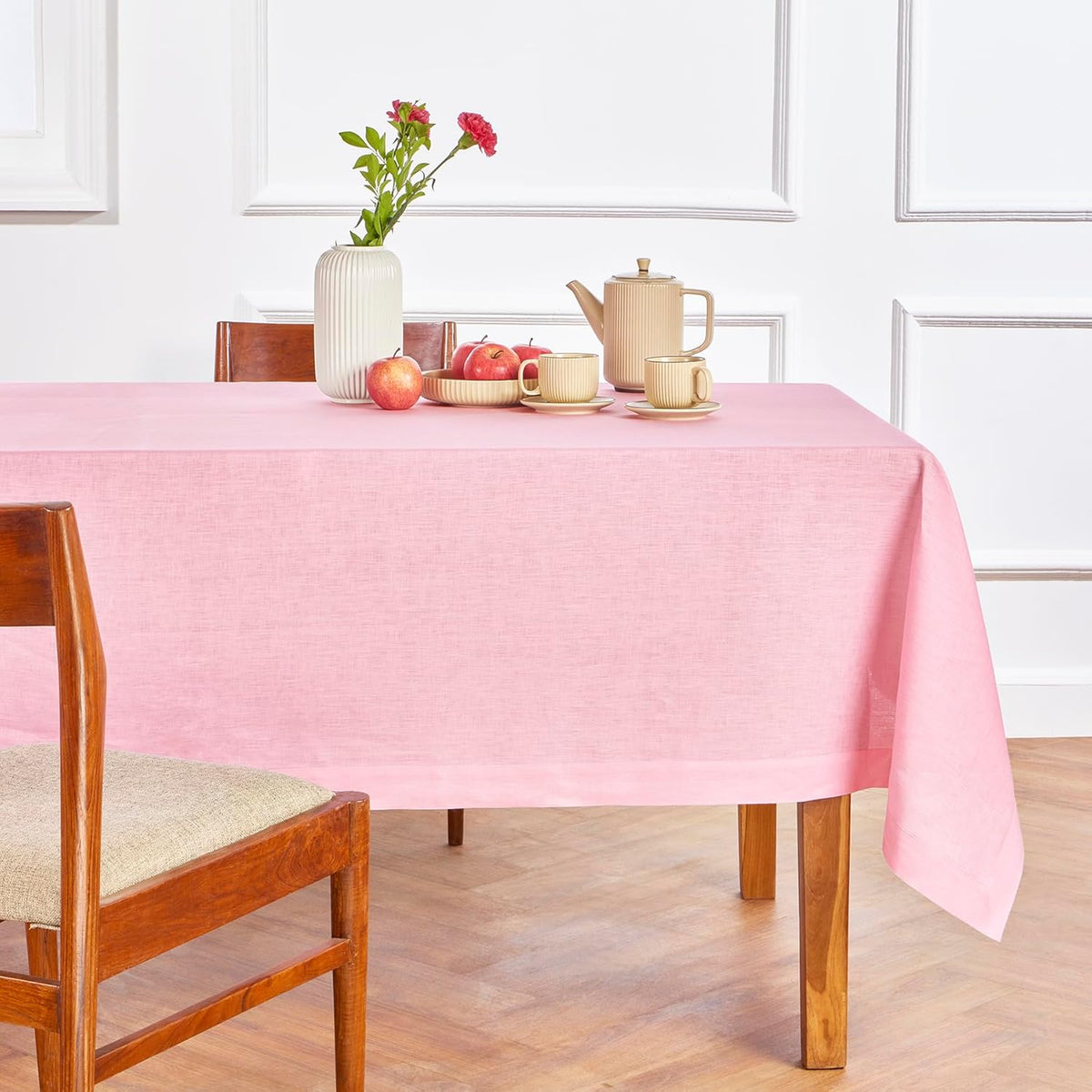 Solino Home Linen Tablecloth for Rectangle Tables 60 x 144 Inch - 100% Pure Linen Pink Lemonade