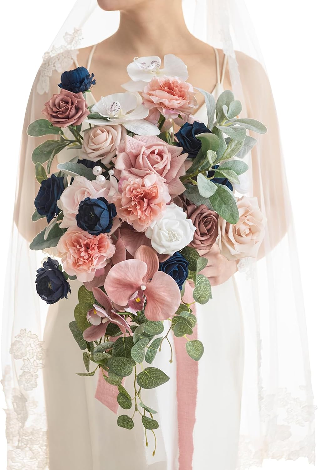 Ling's moment Dusty Rose Navy Blue Bridal Bouquet Cascading, Pink and Blue Wedding Bouquets for