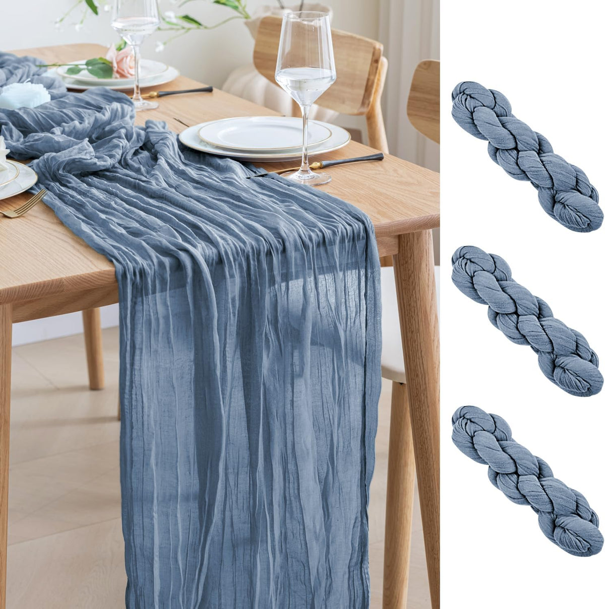 Asee'm 3pcs Cheesecloth Table Runner 120 Inches Dusty Blue Boho Gauze Cheese Cloth Runner 10FT
