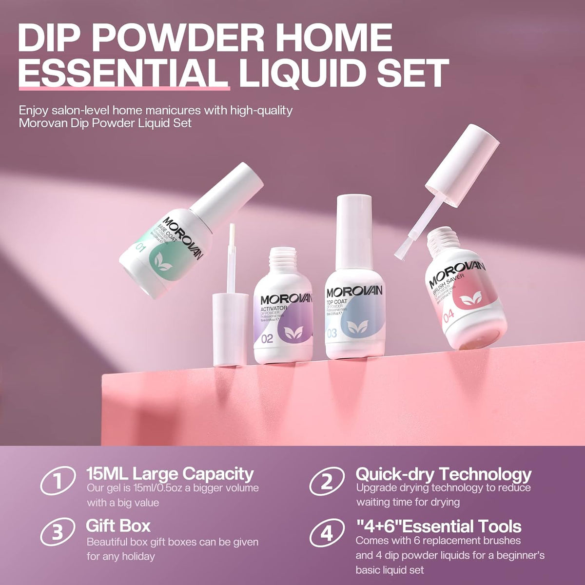 Morovan Dip Powder Liquid Set with Activator Base Top Coat and Dipping Powder Brush Saver 4pcs